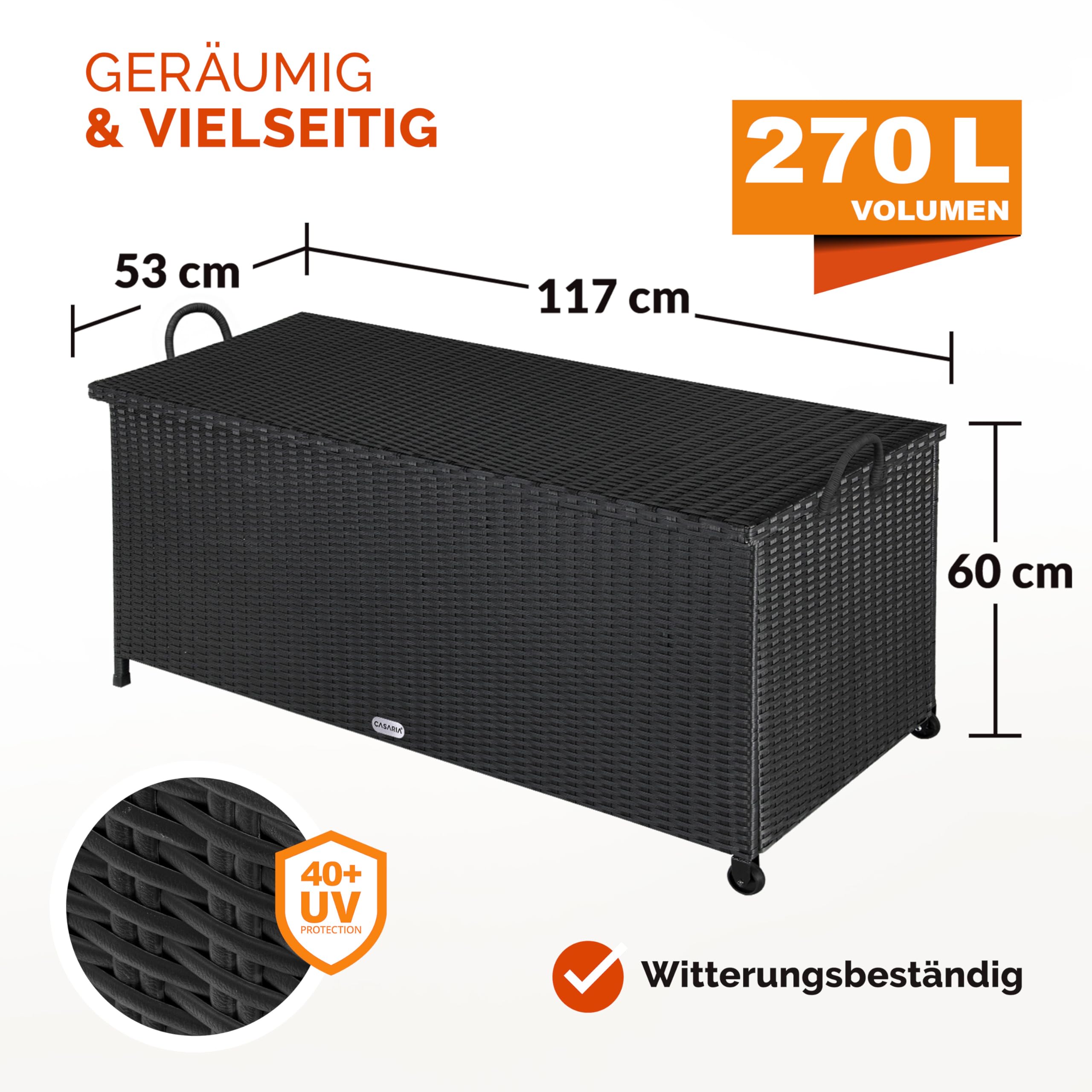 Casaria® Gartenbox Auflagenbox mit Rollen 270L Stauraum UV-beständig Handgriffe Gasdruckfeder Wetterfest 117x53cm Garten Aufbewahrungsbox Schwarz