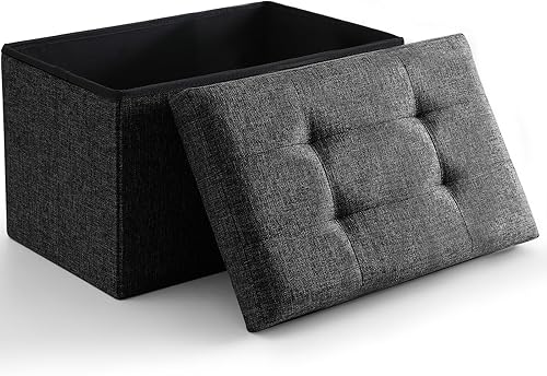 Miniatura 21 de CUYOCA Otomano de Almacenamiento Cúbico Pequeño, Reposapiés Plegable, Asiento Cuadrado, Otomano Acolchado de Lino Beige