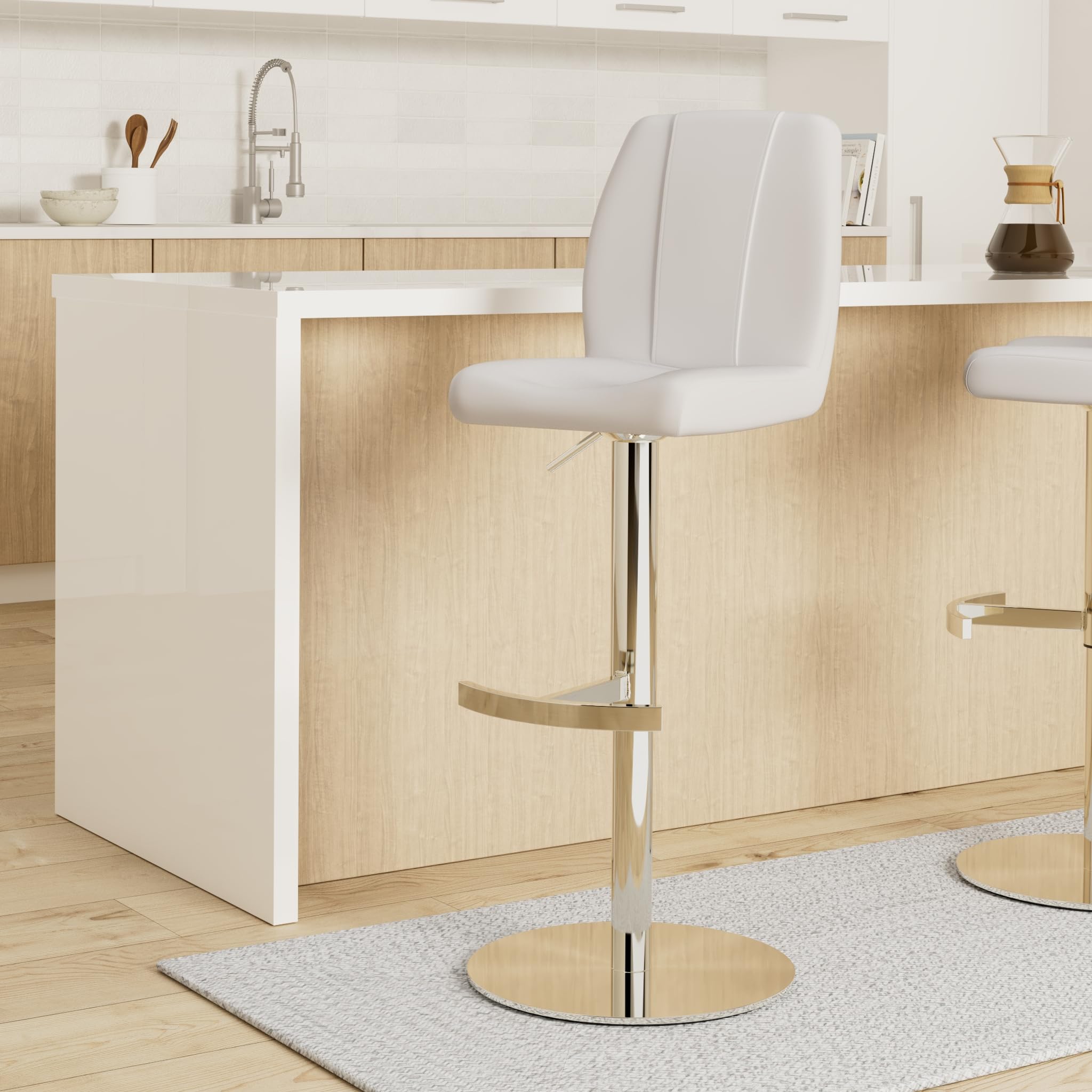 Robas Lund Barhocker Weiß mit Lehne Barstuhl drehbar 360 Grad, Hocker höhenverstellbar, PU NA.OMI