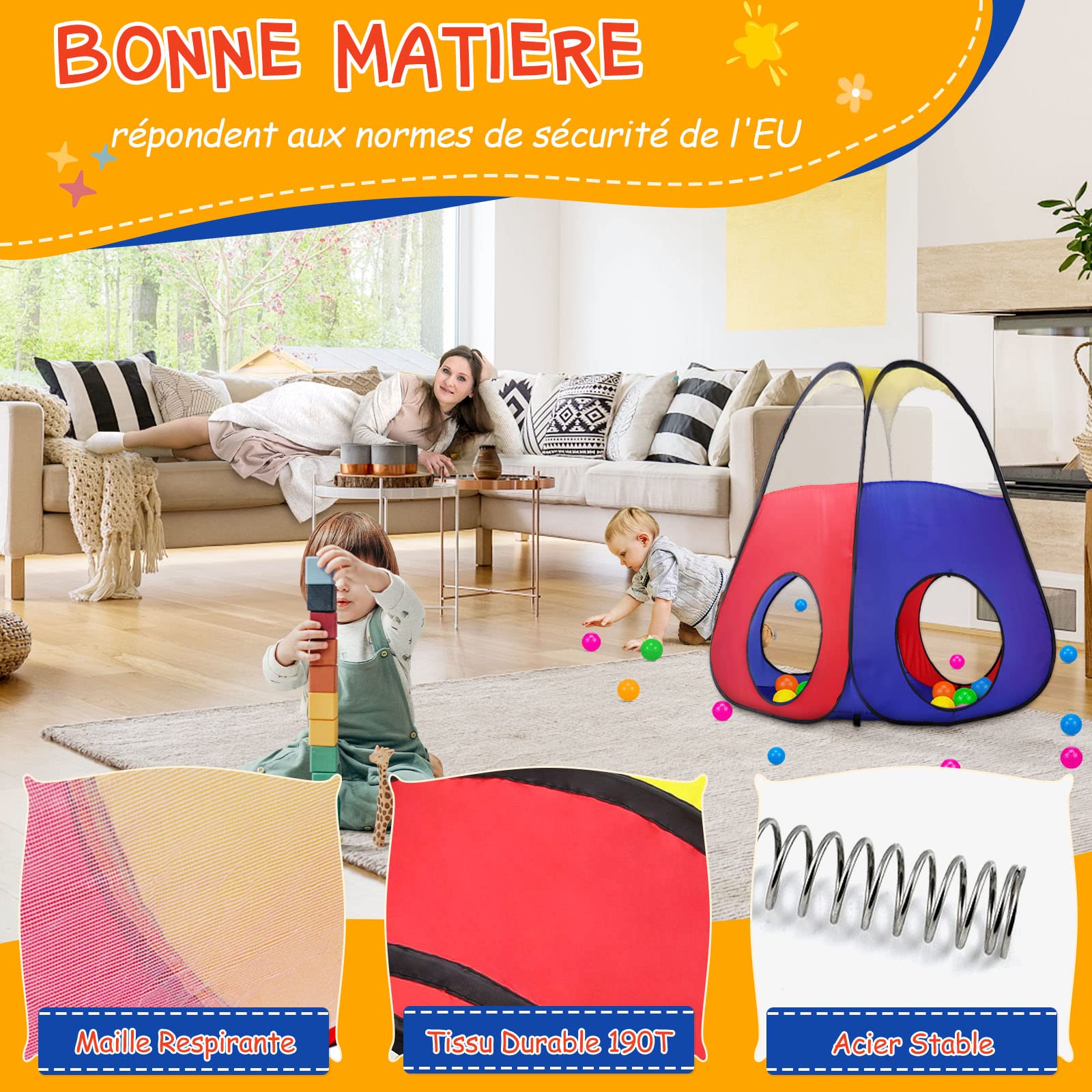 Opret 5 en 1 Pop Up Tente Tunnel Enfant, avec Piscine a Balle pour Bébé, Pliable Maison de Jeux Exterieur et Interieure pour Garçons Filles Cadeau de Noël d'anniversaire (sans balles)