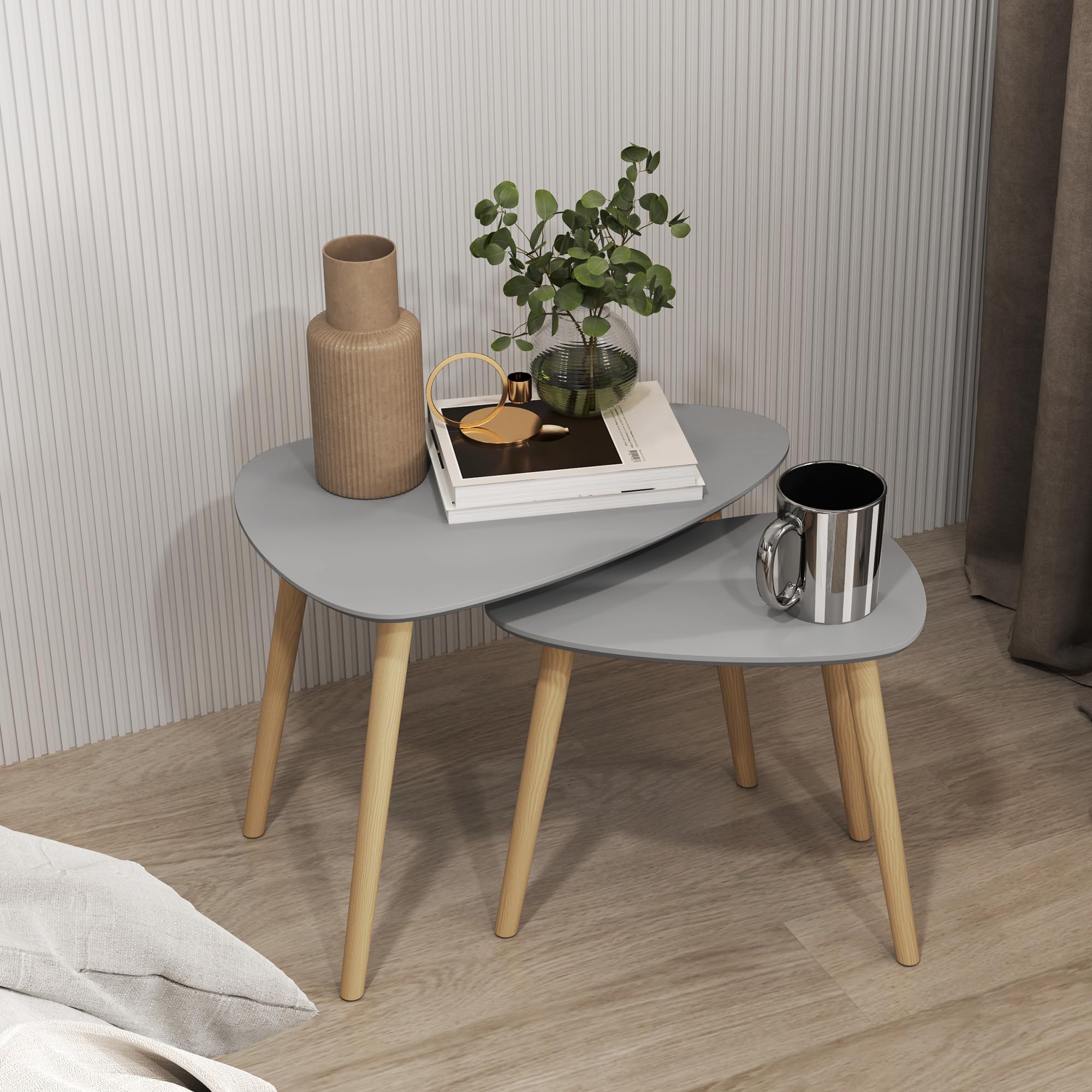 HOMCOM Set di 2 tavolini con gambe in legno Tavolini da caffè per soggiorno, camera da letto, ufficio 59,5x39,5x45 cm e 44,5x28,5x40 cm Grigio e naturale