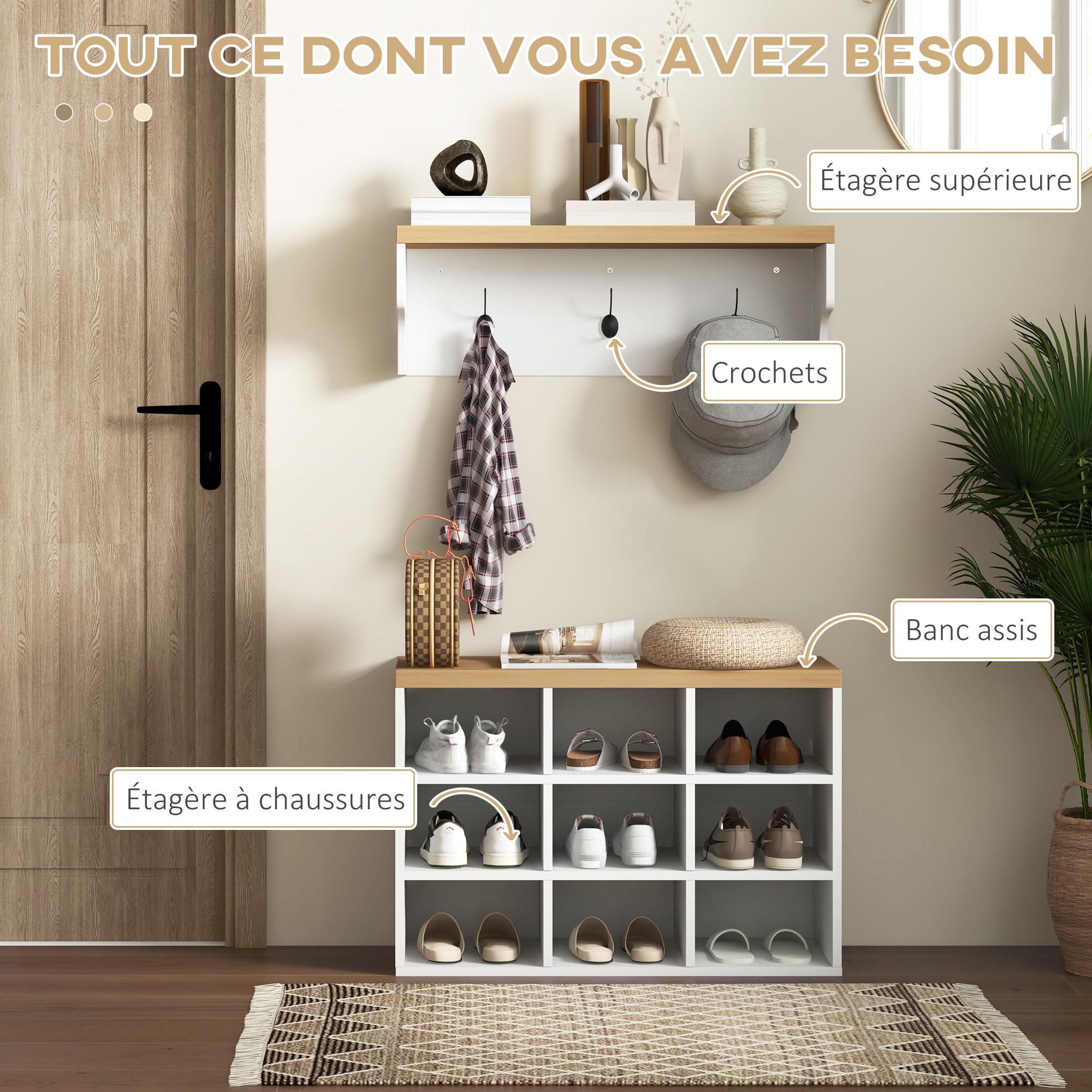 HOMCOM Ensemble Meuble d'Entrée 2-en-1 Porte-Manteau Mural Blanc et Chêne | Banc à Chaussures, Vestiaire, Avec 3 Crochets et 9 Niches, pour Salon, Chambre, Entrée