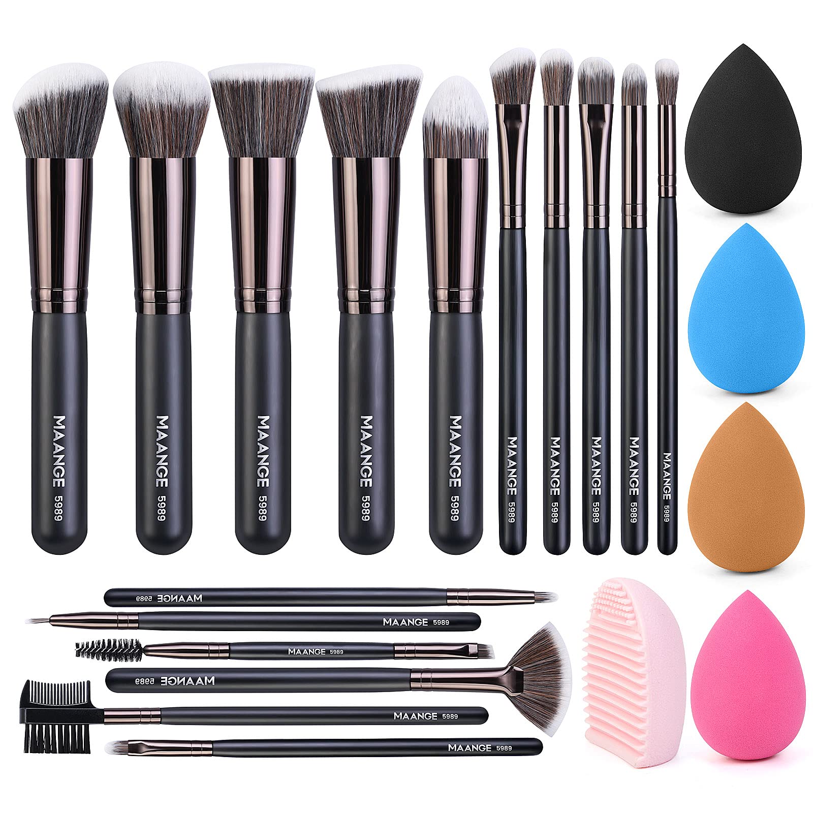 MAANGE Professional Makeup Brushes Set Kabuki Foundation Brush 16 Pcs for Liquid Makeup Brushes with 4 Pcs Makeup Sponges and 1 Brush Cleaner Egg Make Up (Black)-picture-47