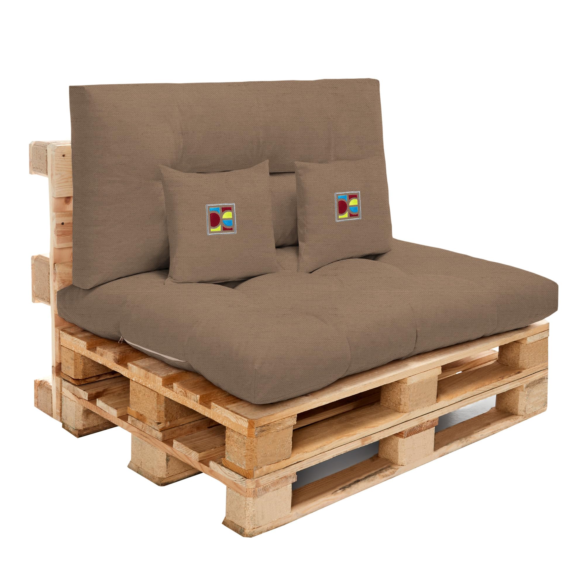 Cojines para Sofá de Palets Exterior 120x80 + Respaldo 120x60 – Pack Completo con Asiento, Respaldo y 2 Cojines Decorativos Bordados – Estilo Chill out para Terraza y Jardín (Café)