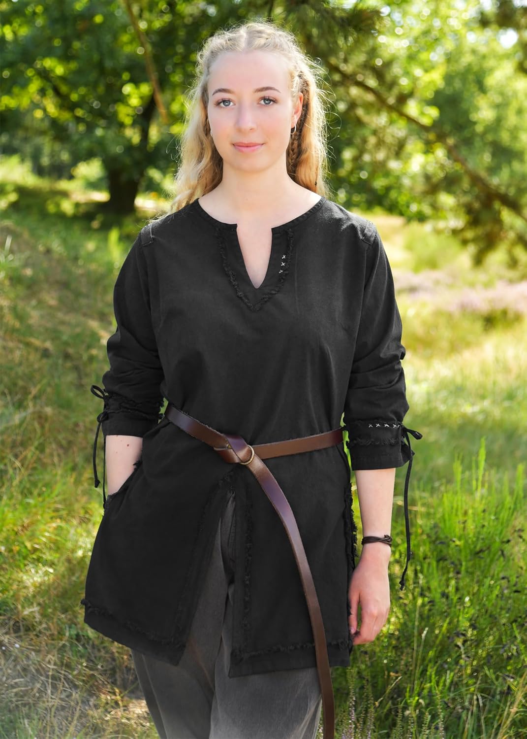 Battle-Merchant Medieval Viking Tunic Yrsa for Women, Cotton Reenactment Shirt in Used Look, Black or Light Brown - Image 2