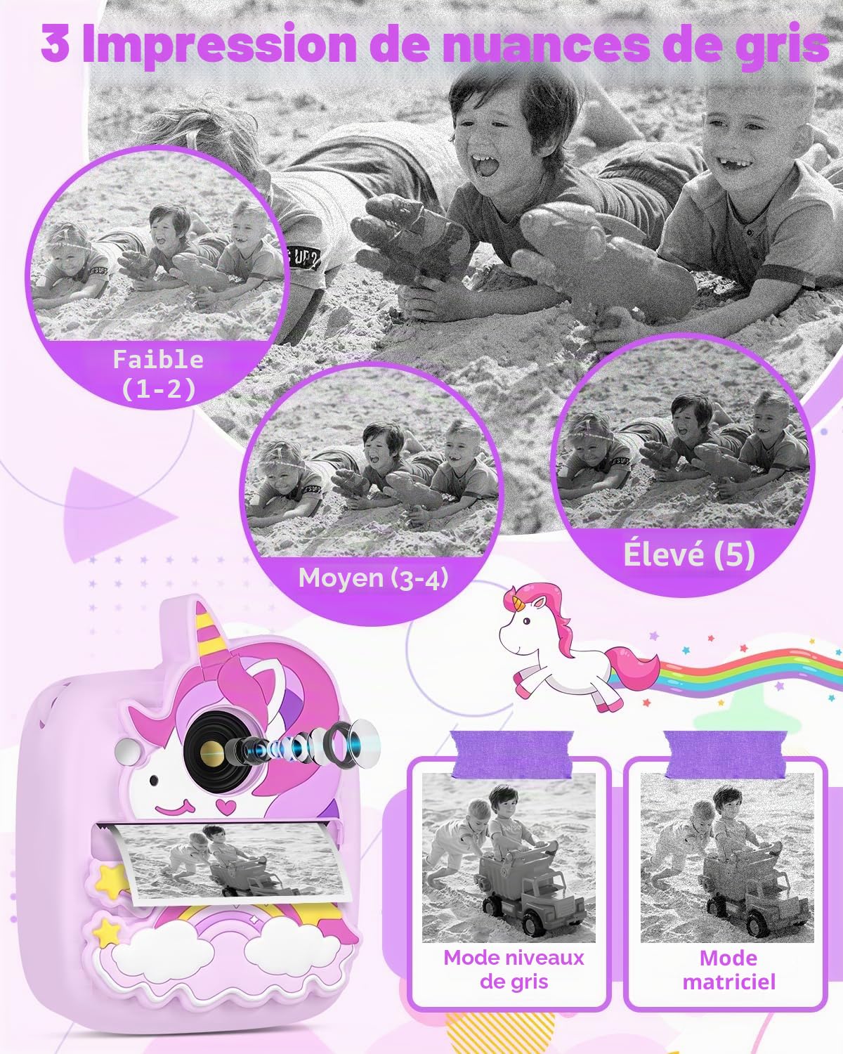 CHRERNA Appareil Photo Instantané Enfants, HD 48MP Appareil Photo Enfants avec Papier d'impression et Carte 32GB, Jouet Cadeau pour Garçons Filles de 3 à 12 Ans (Violet)