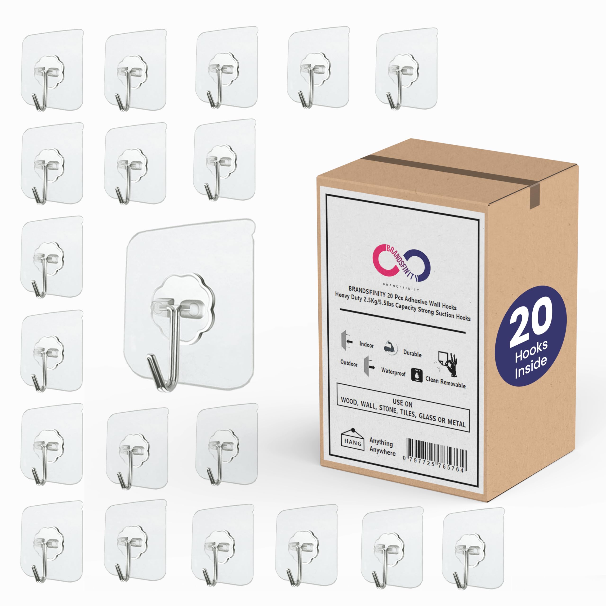 BRANDSFINITY Hooks for Hanging No Drill Heavy Duty Self Adhesive Wall Hooks for Cloths Calender Keys Paintings, 20 Pcs, 2.5Kg Load Capacity