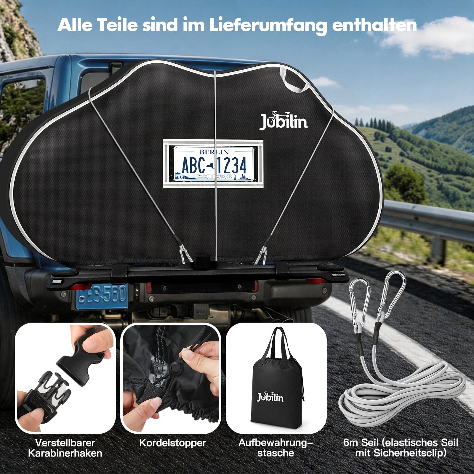 Fahrradabdeckung für 2 Fahrräder, Fahrradplane 900D Wasserdicht & Reißfest | mit 6M Elastischem Seil, Reflektierenden Streifen PVC Kennzeichentasche, Fahrradschutzhülle Heckträger für Fahrradträger