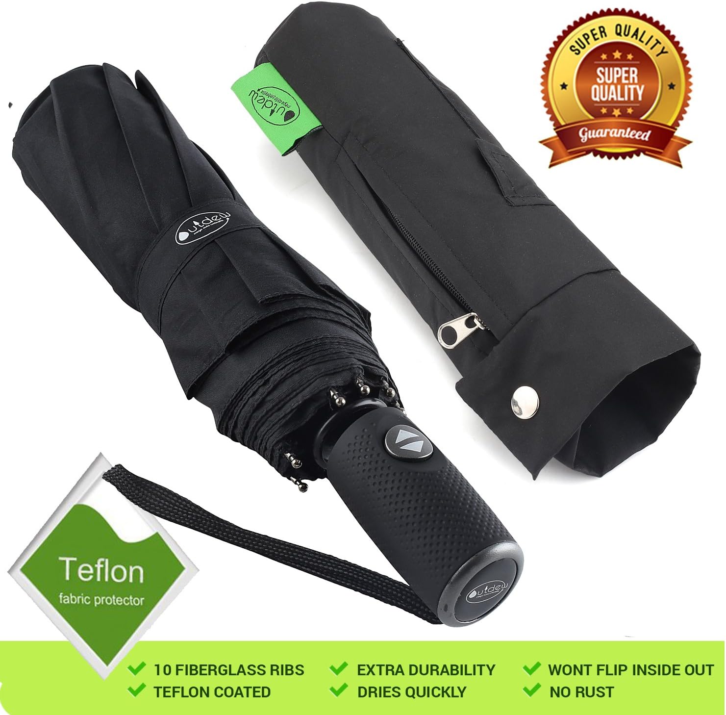 "Unbreakable Windproof Compact Travel Black 210T Fabric Umbrella with Teflon Coating Lightweight for Men Women and Kids Auto Open Close with 10 Fiberglass Ribs