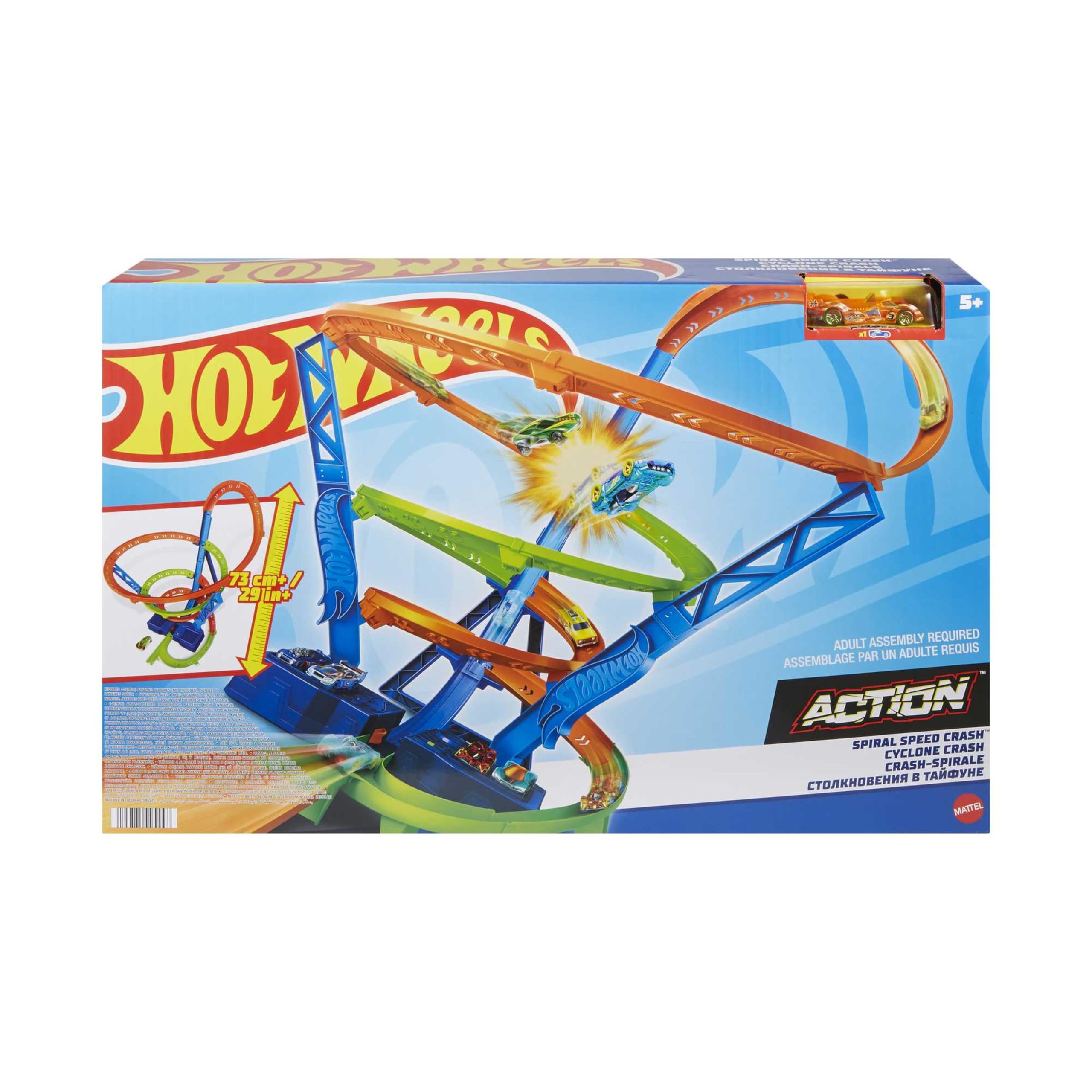 Hot Wheels Coffret Piste Cyclone Crash, Grand Circuit motorisé (70 cm de Haut) avec 3 Zones de carambolages, 1 véhicule Inclus, Jouet Enfant, HJT51