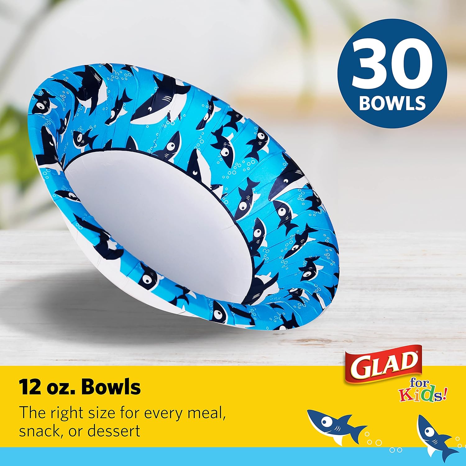 Glad for Kids Paper Bowls in Shark Print, 12 Ounce | 12 oz Disposable Paper Bowls with Cute Shark Design for Kids | Microwavable, Cut Proof, Soak Proof Paper Bowls, 30 Count : Health & Household