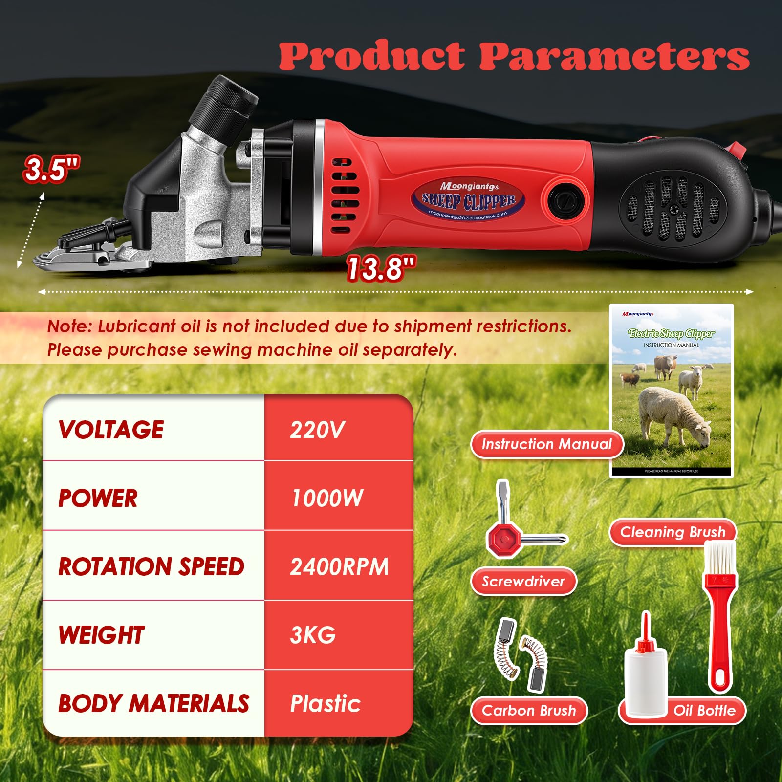 Moongiantgo Schafschermaschine Elektrische 1000W 2400RPM, Professionelle Schermaschine Schaf mit 6 Verstellbaren Geschwindigkeiten, Schafschere für Ziegen, inklusive Öl, Schraubendreher (Rot)