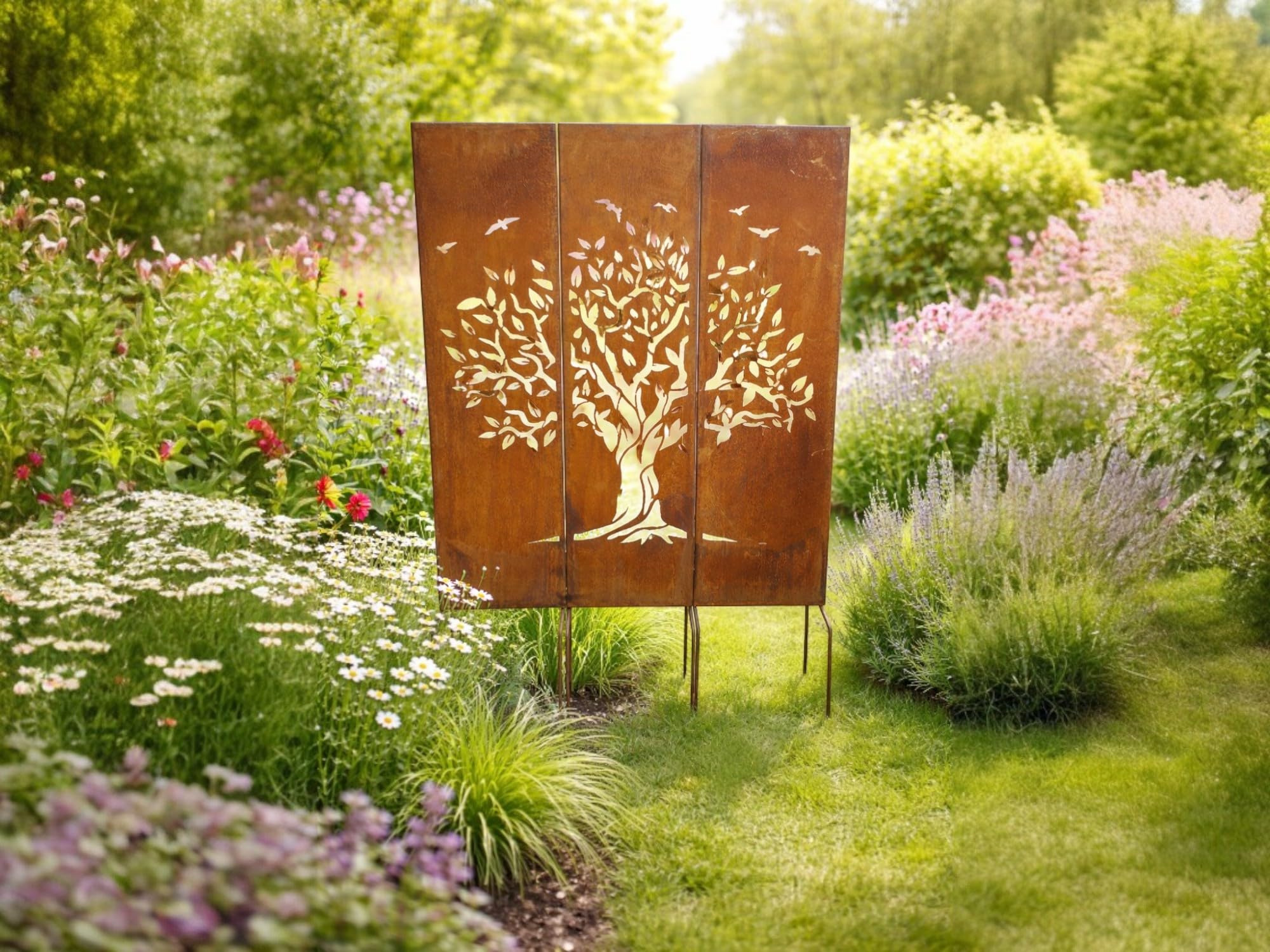 Sichtschutz-Tafeln Edelrost, 3-teilig, Gartendekoration aus Eisen, Gartendeko Schild Tafel 115cm höhe x 90cm Breite, Paravent zum Stecken Gartenschild Gartenstecker Wetterfest Rost Metall Zaun