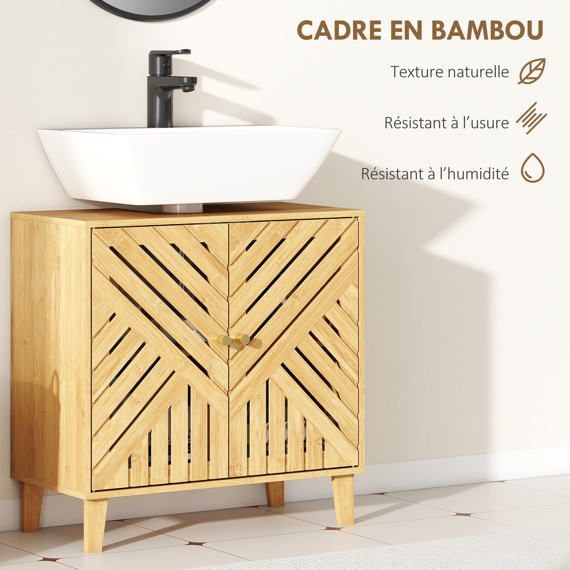 HOMCOM Meuble sous Lavabo Salle de Bain 60 x 30 x 60 cm Naturel | Étagère Réglable, Portes à Lattes, Bambou, Anti-Humidité