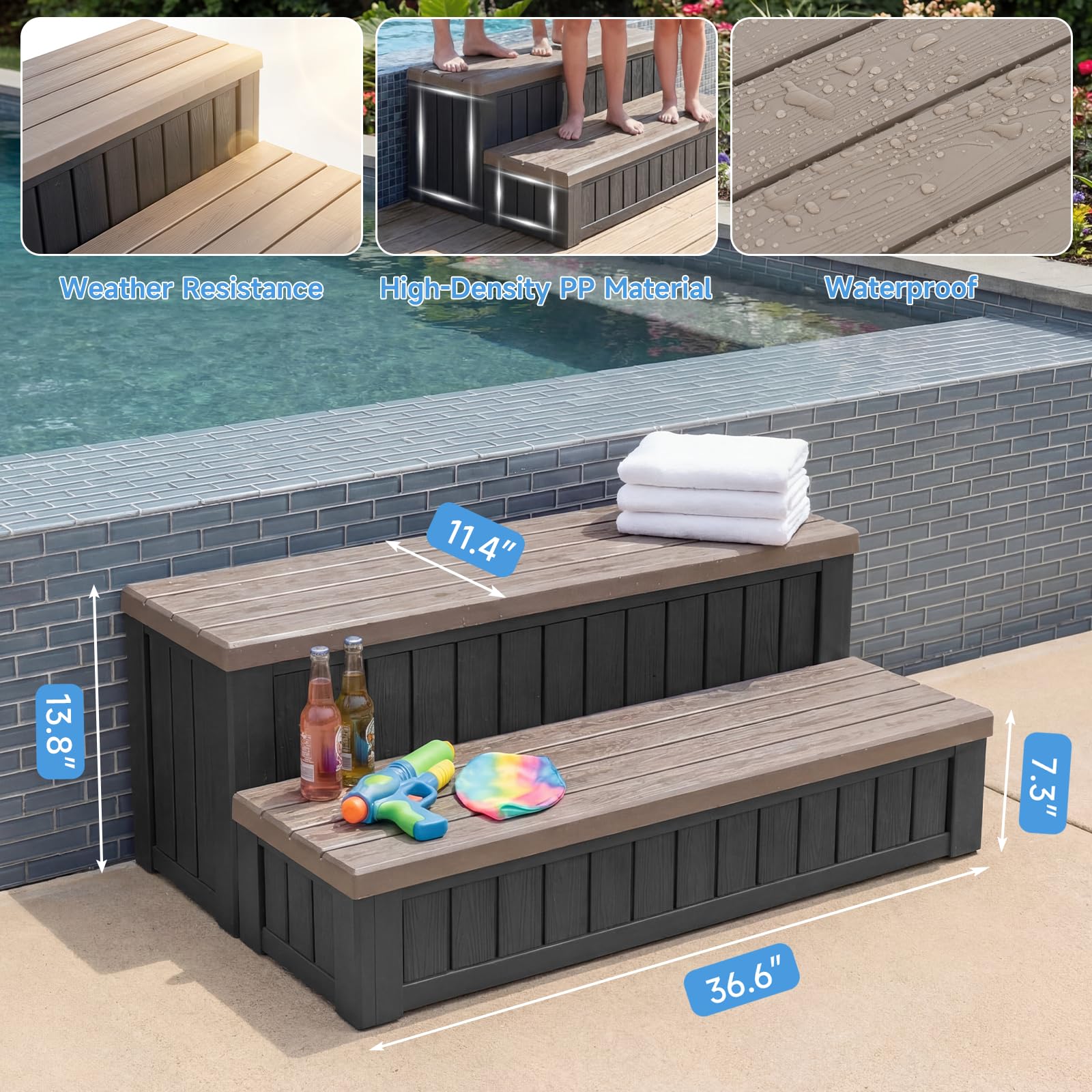 Escalones de bañera de hidromasaje con almacenamiento, escaleras impermeables para exteriores, café