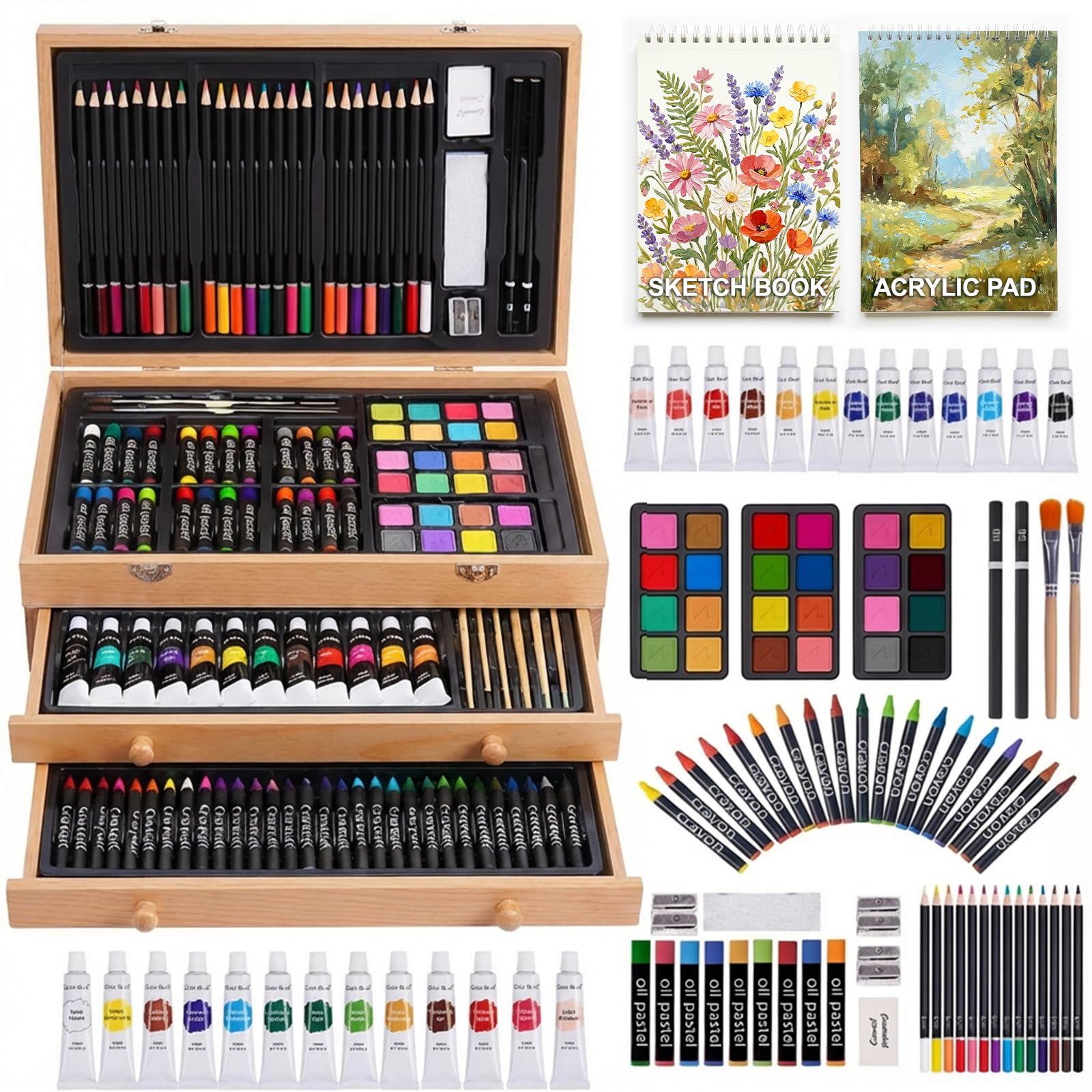 175-Pack Deluxe Wooden Art Set Drawing Painting Kit with 2 Drawing Pads, Acrylic Paints, Colored Pencils, Crayons, Paint Brush, Art Kit in Wooden Case, Gift for Artist, Adults, Teens and Kids