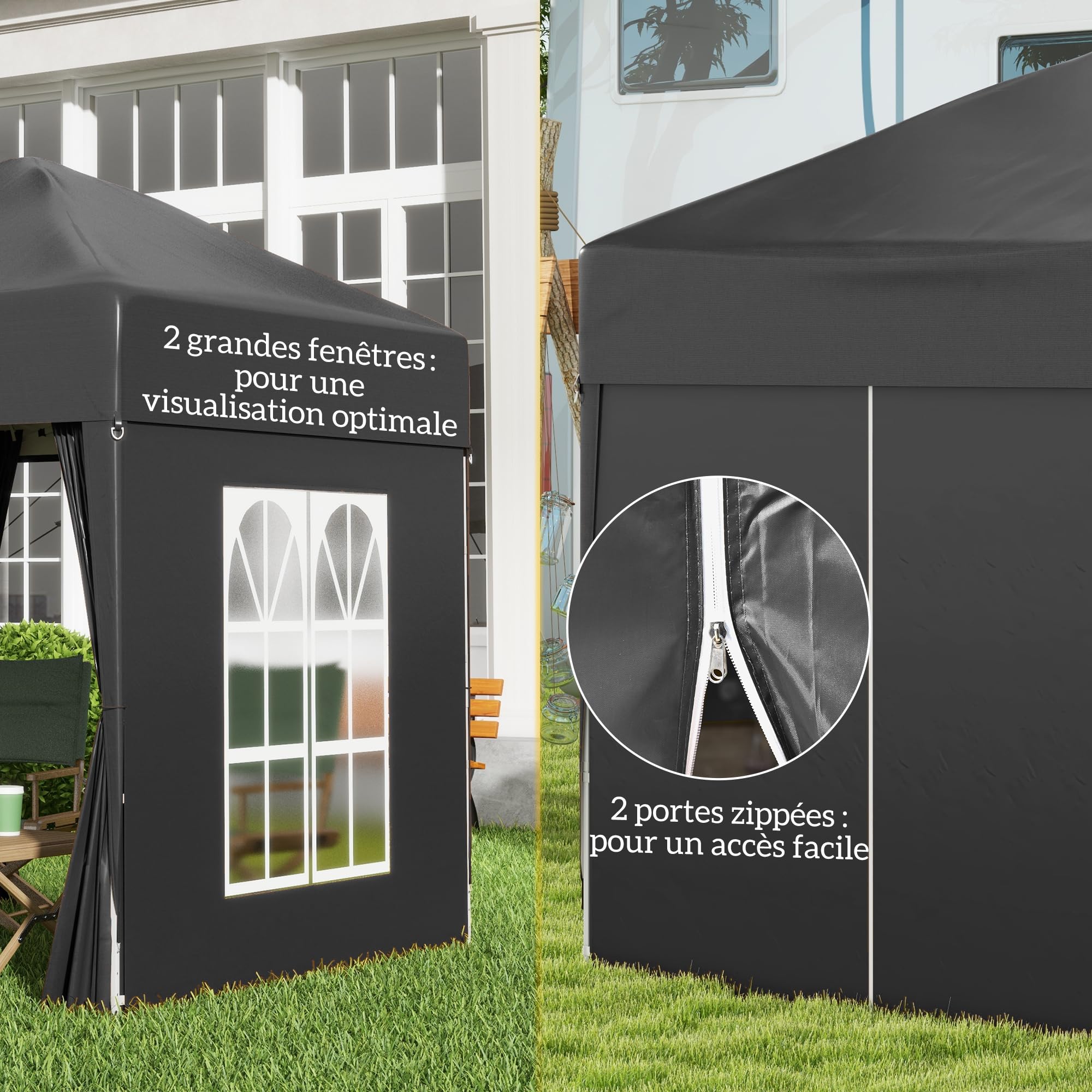 Outsunny Tonnelle de Jardin Pliante Pop-up 2 x 2 m, Protection UV, Cadre en Acier, 4 côtés Amovibles, Noir