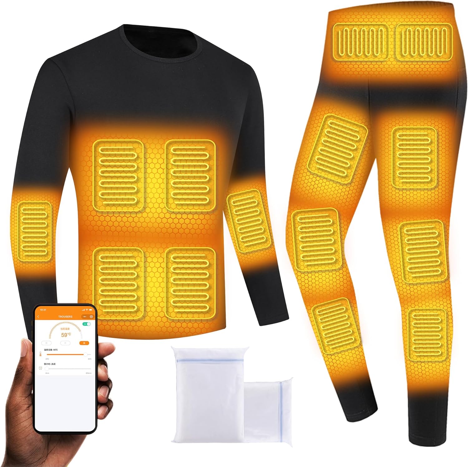 Heating Underwears Set for Men Women, APP Control Electric Heated Thermal Baselayer Shirt Pants for Hunting, Skiing