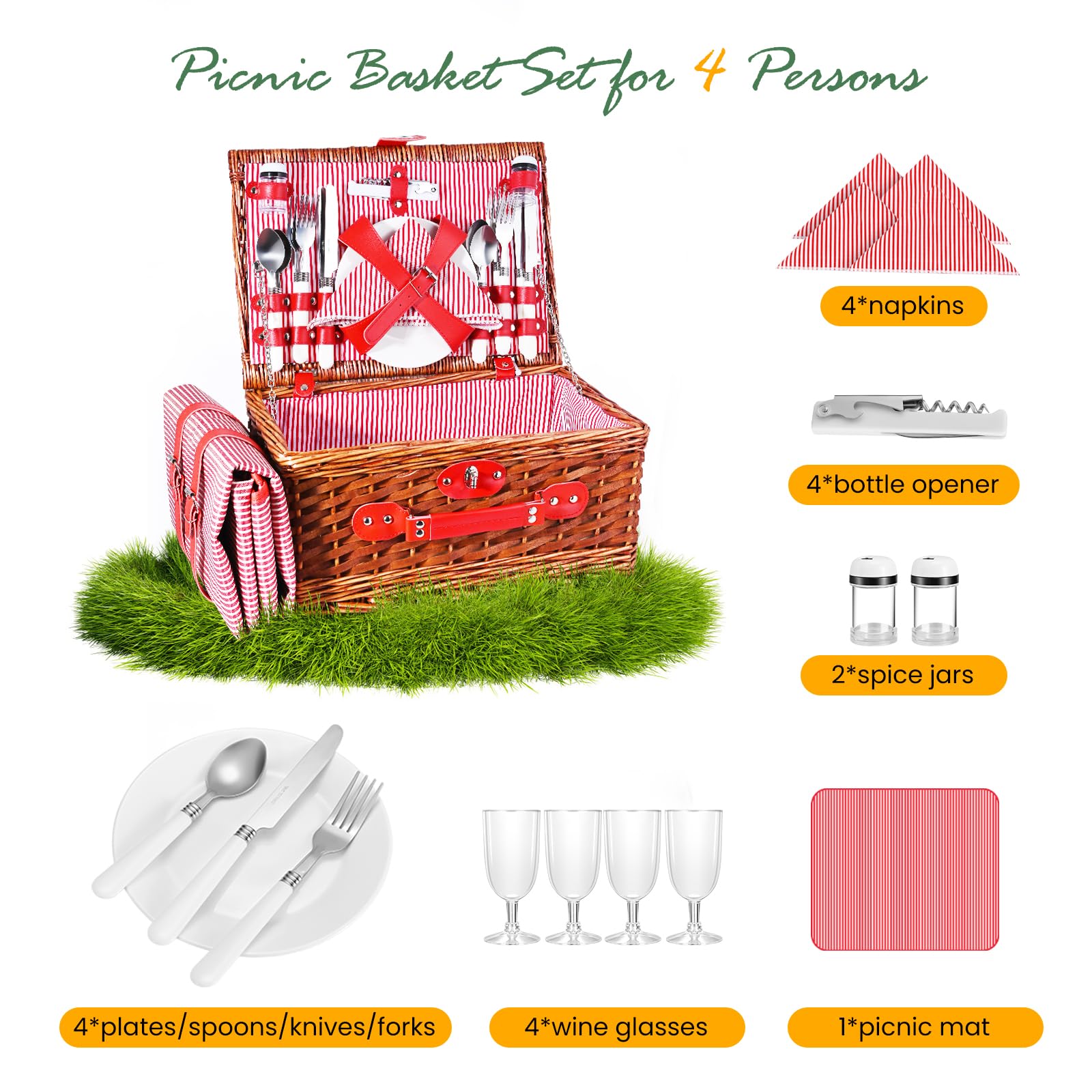 Cesta Picnic 4 Personas,Set de Picnic de Mimbre con Manta de Picnic Impermeable y Juego de Cubiertos, Cesta de Picnic para Camping,Rosa