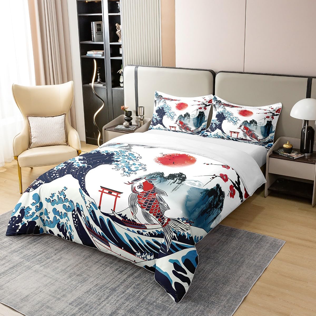Funda nórdica de 100% algodón, 220 x 240, Carpa Puesta de Sol de Estilo Japonés, Juego de Cama,Ropa de cama de sol de flor de cerezo de ola,Azul blanco rojo Montaña Pez de Mar Cubre Cama