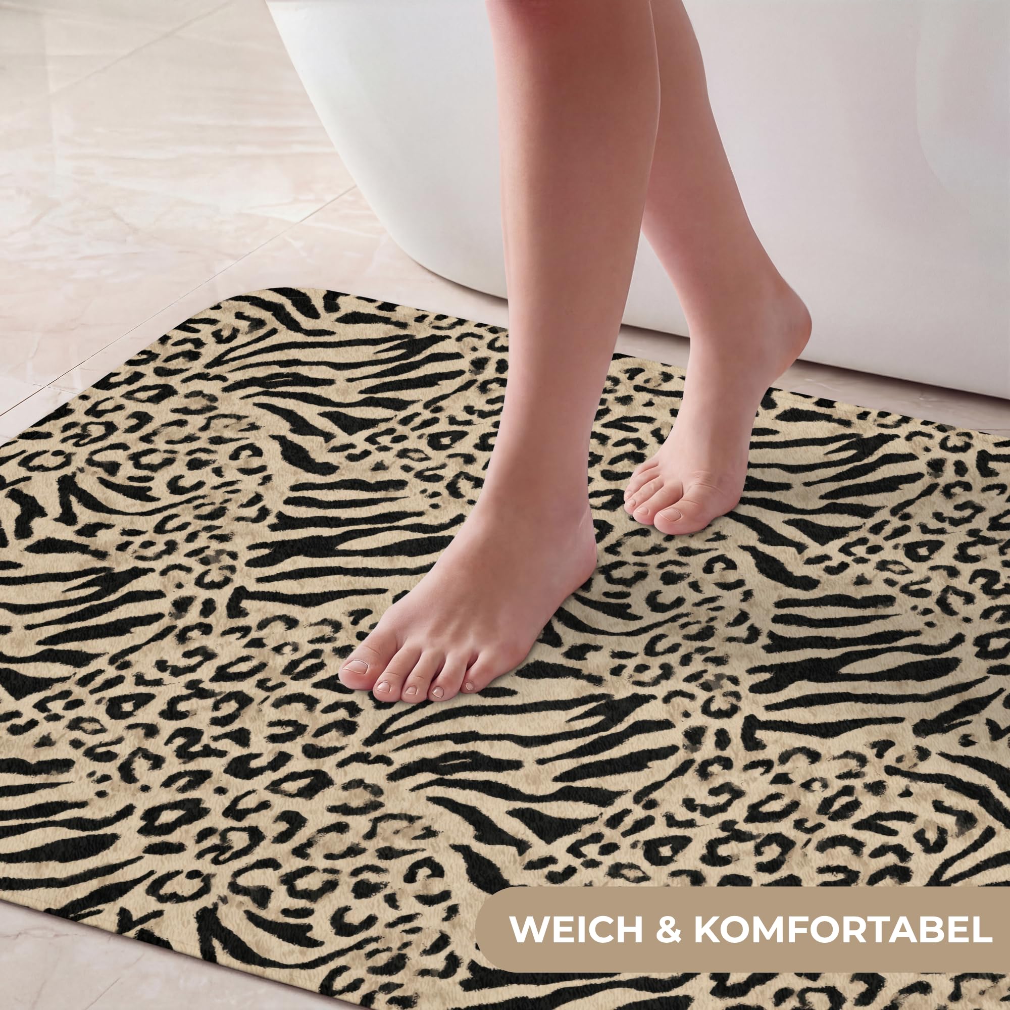 Badematte rutschfest Deko Badezimmer Memoryschaum Badematten | 90x60 cm - Rechteckig - Vorleger Mit Ausschnitt Duschvorleger Waschbar Giraffe - Zebra - Motiv - Braun
