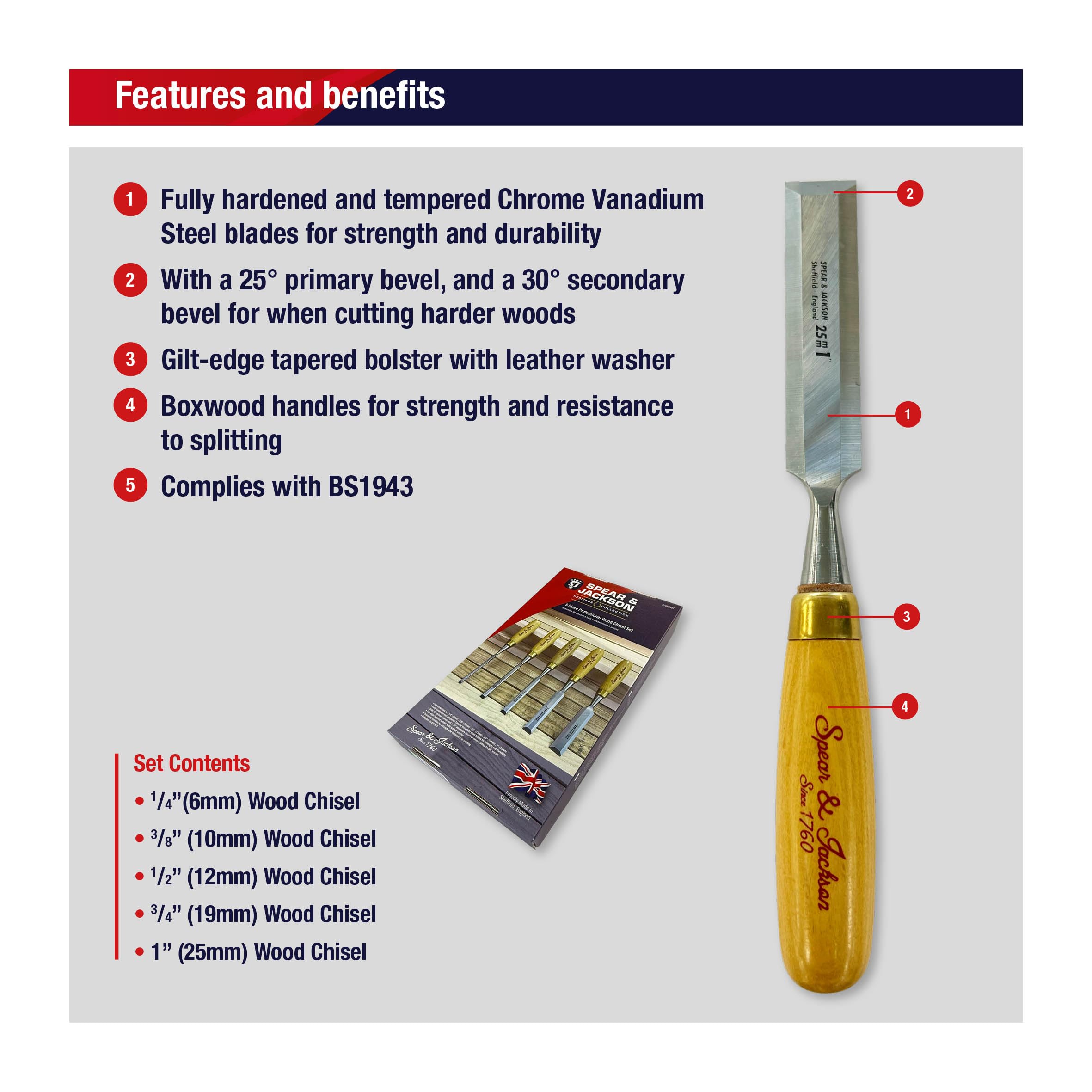 Spear & Jackson SJ5PCSET Zestaw 5 Dłut do Drewna – Ręcznie wykonane w Sheffield, Anglia – do precyzyjnego cięcia, rzeźbienia i kształtowania