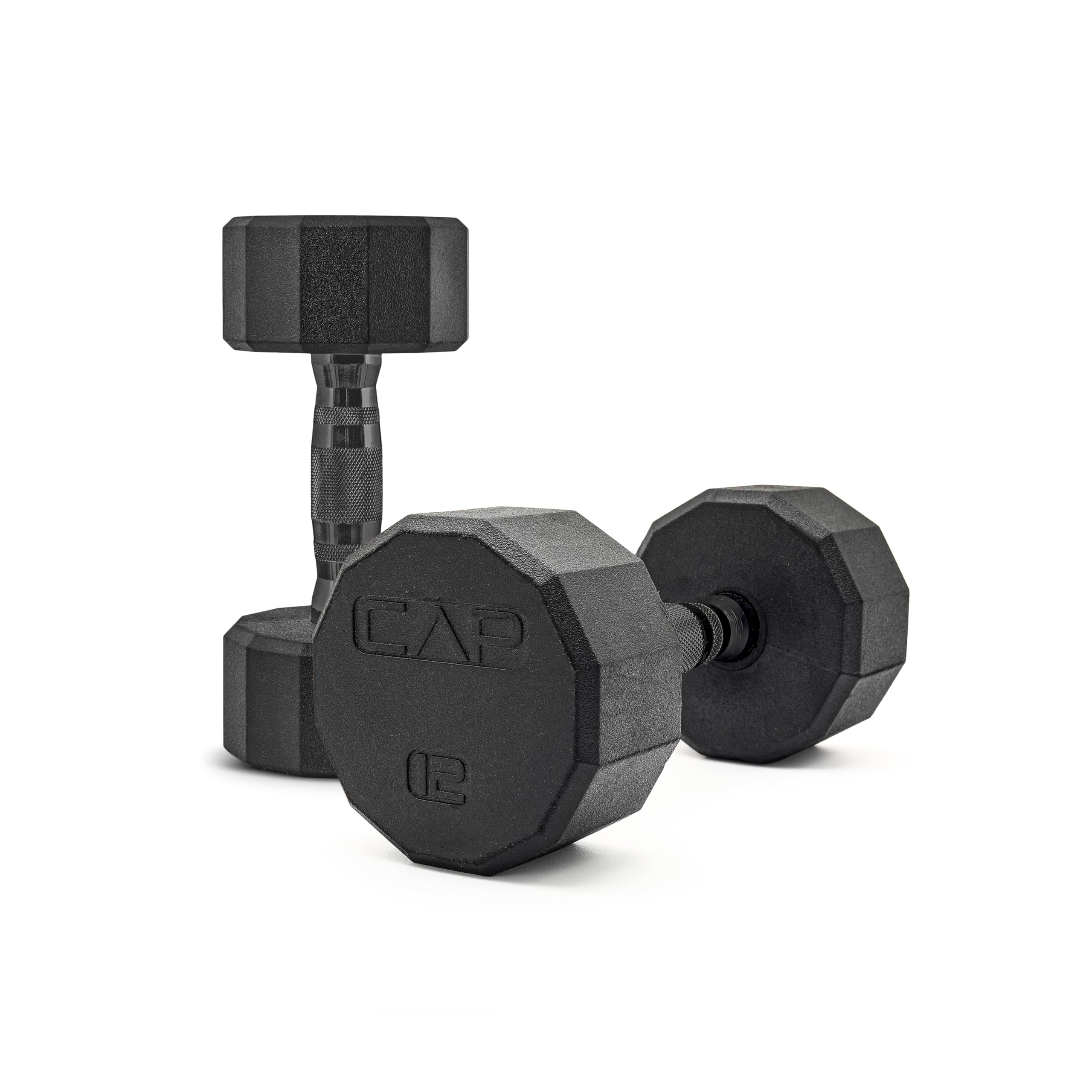CAP Rubber Coated Dumbbell Weights, Free Weights for Home Gym Strength Training, Anti-Roll Hex Dumbbells with Black, Chrome &amp; Comfort Grip Handles, Pairs &amp; Sets