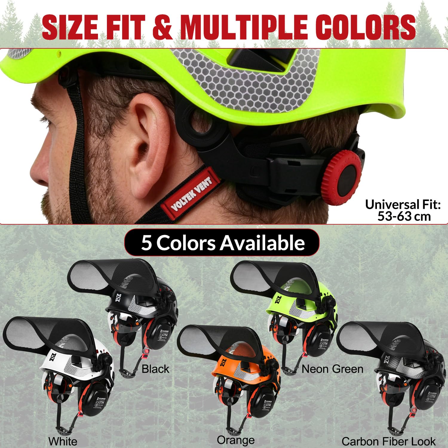 HEARMOR VOLTEK Casque de sécurité forestière en ABS avec visière de sécurité intégrée, protection complète de la tête, des yeux, du visage et de l'ouïe, design ventilé confortable et résistant aux