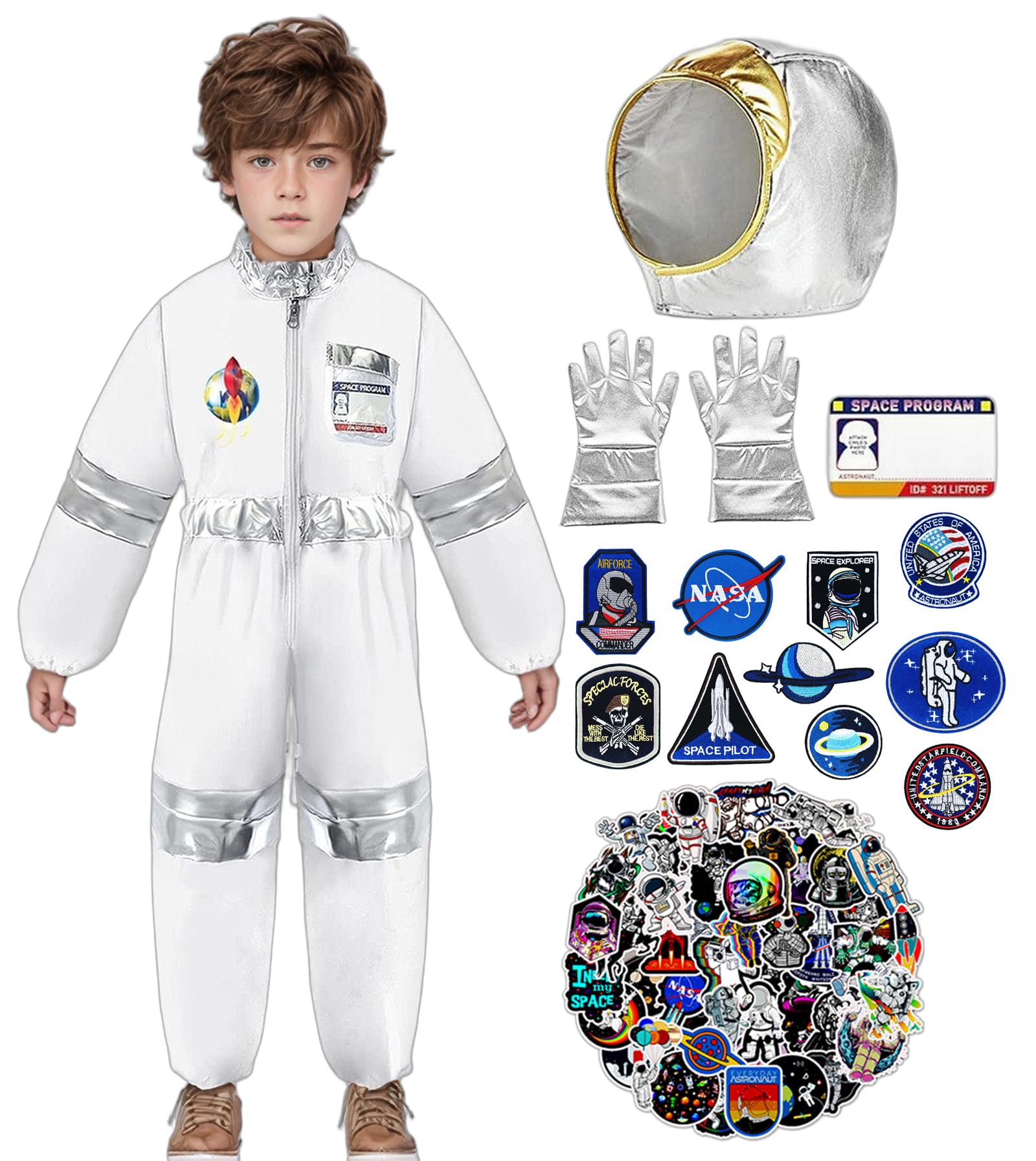 Astronaut Costume Children, Unisex White Space Costume, Space Costume Role Play, Astronaut NASA Costume for Boys Girls with Astronaut Helmet Gloves Sticker for Carnival Halloween Costume (M)