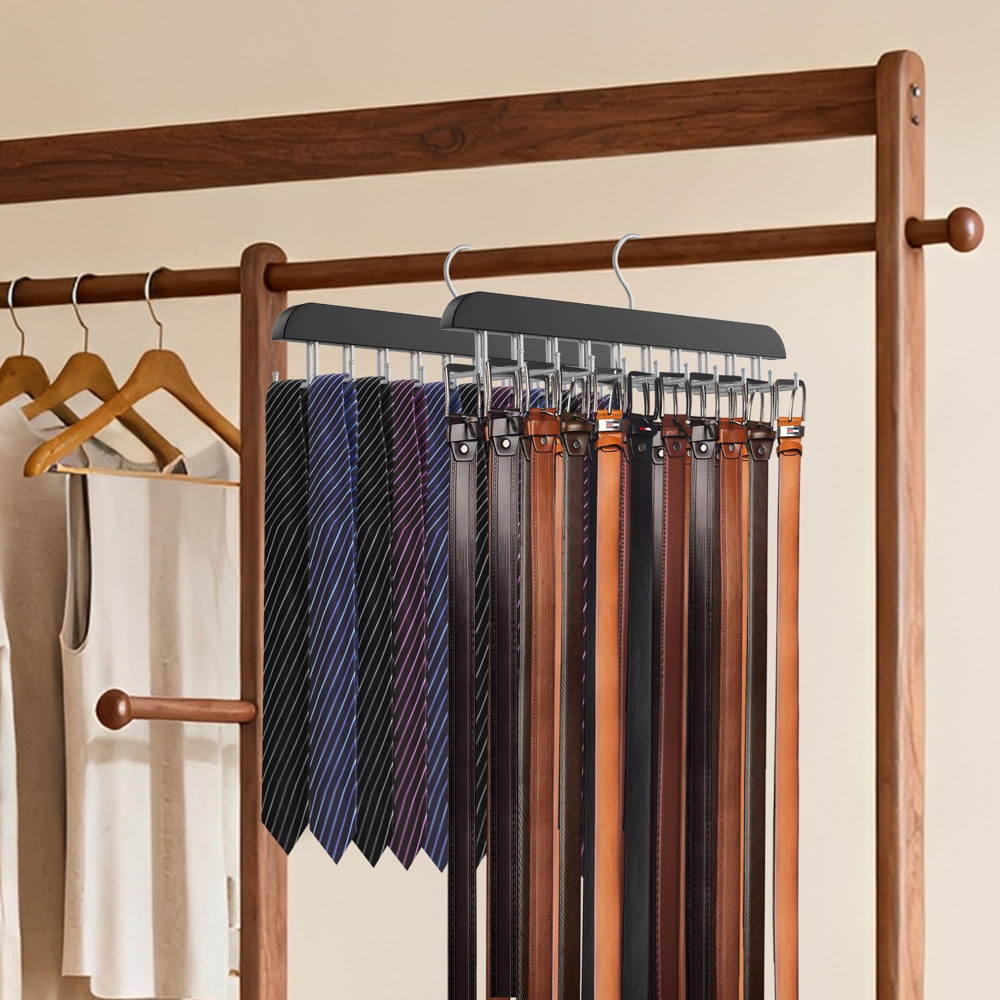 Percha para corbatas para armario, 2 en 1 con 20 ganchos plegables, organizador de corbata de madera giratorio de 360 grados para hombres, corbatas, cinturones, bufandas, camisetas sin mangas