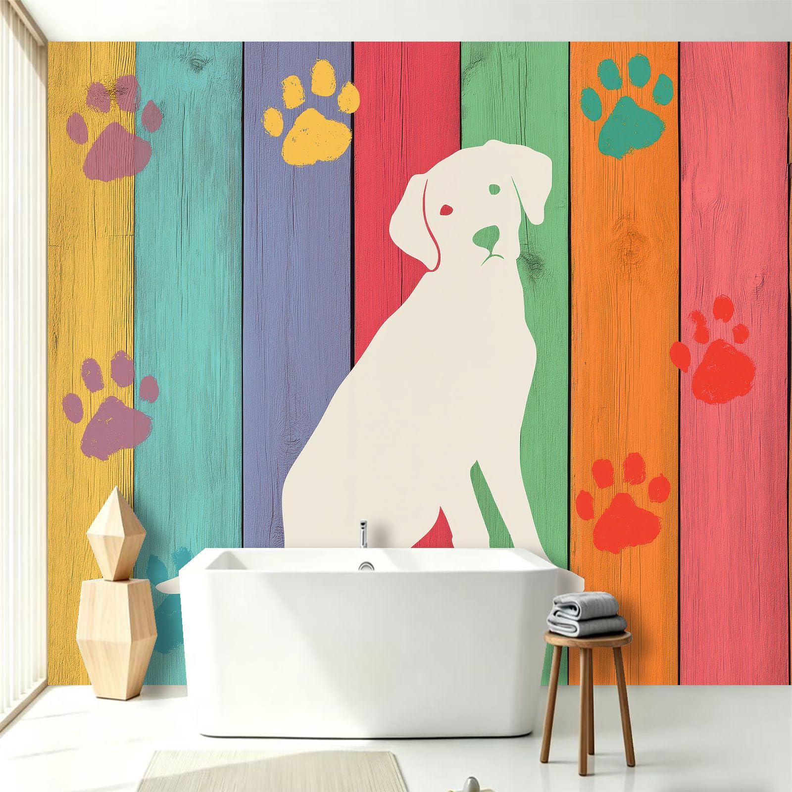 Carta da parati fotografica con animali, semplice, 200 x 140 cm (larghezza x altezza), in tessuto non tessuto, decorazione da parete, motivo: cane su tavola di legno, per camera da letto, soggiorno