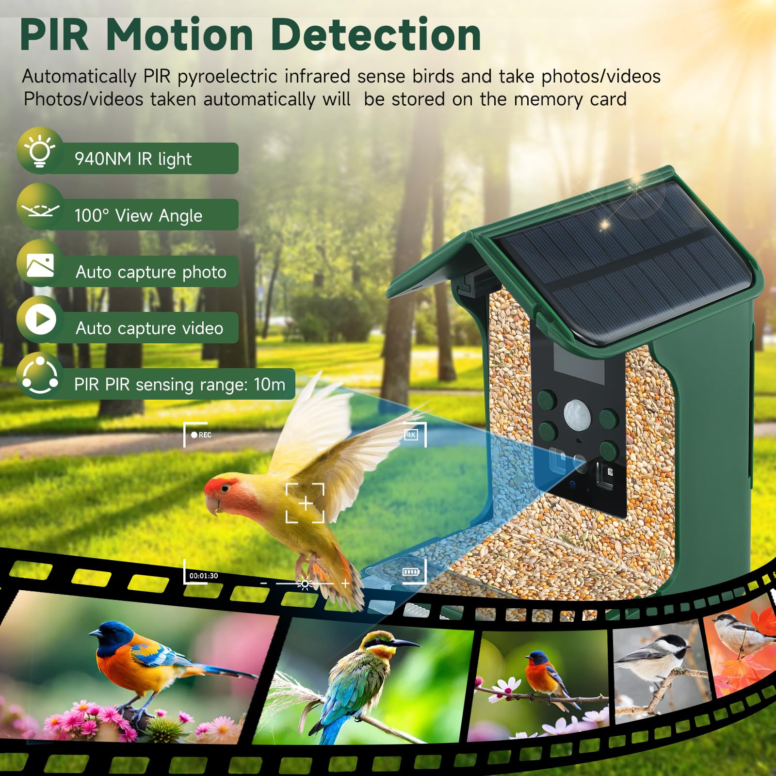 Mangeoire Oiseaux Camera, HD 1080P Intelligente Camera Nichoir avec Caméra et 5W Panneau Solaire, Nichoir Oiseaux Exterieur Caméra IP65 Etanche, Capture Automatique des Images, 32G Carte