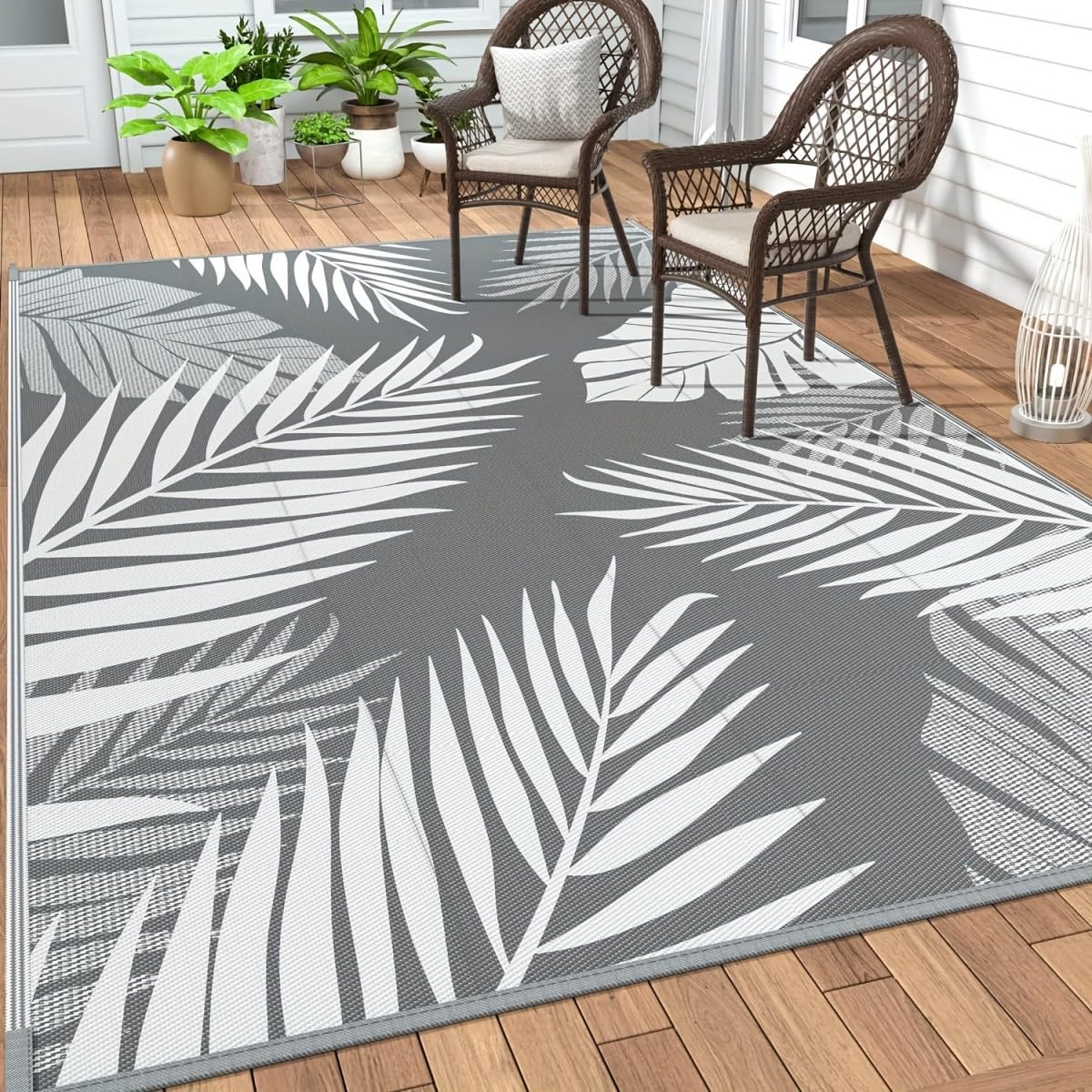 Hiseng Tapis d'extérieur Imperméable Terrasse Balcon, Tapis Réversible à Motif Feuilles Modernes en Plastique Résistant aux Intempéries aux UV, pour Jardin, Camping, Pique-Nique (Gris,183x274cm)
