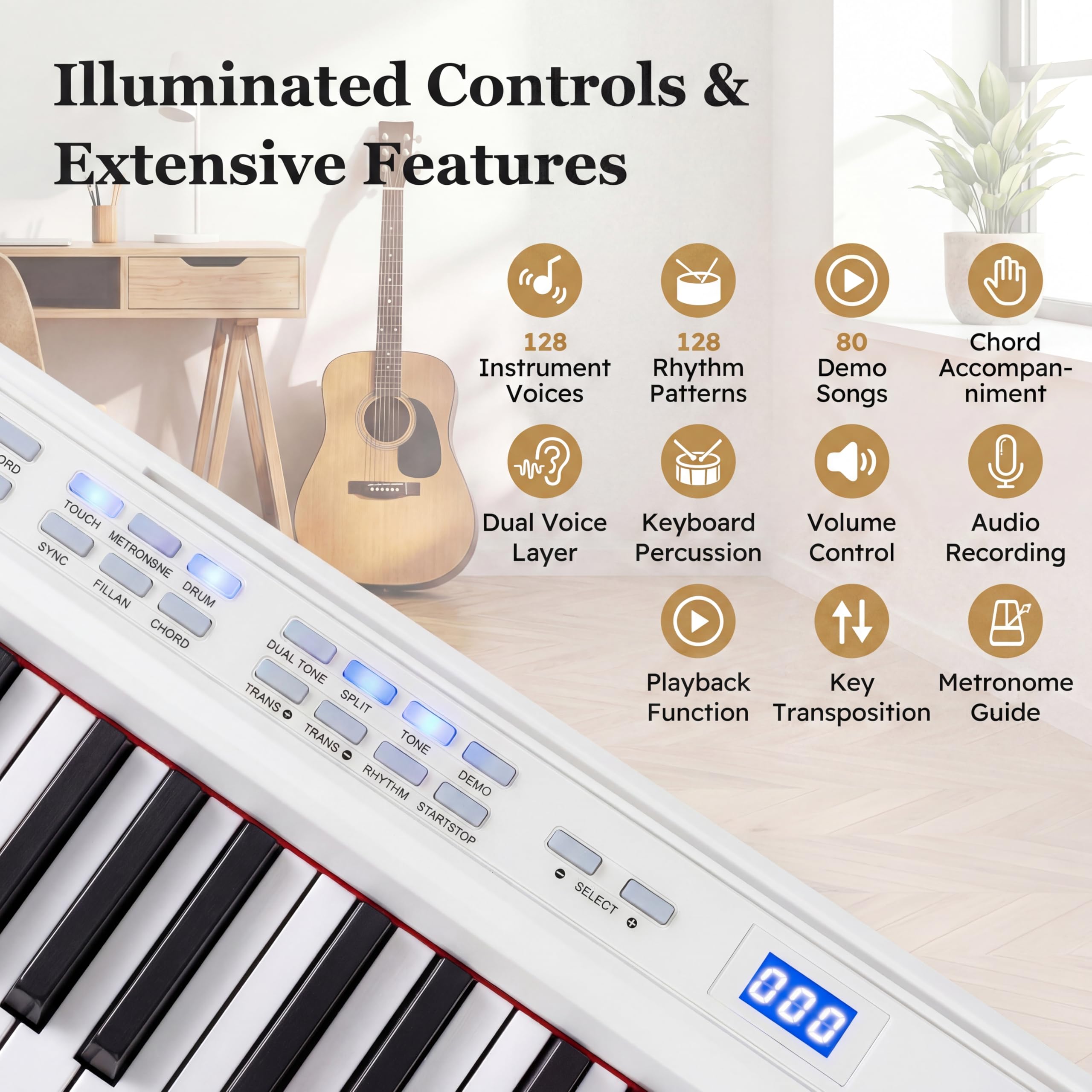 KOMFOTTEU Piano Numérique 88 Touches avec Support réglable & Tabouret, Touches lumineuses, Clavier de Pianos Électroniques avec Casque, Pédale et Pupitre, Piano Électronique, Sac de Transport (Blanc)