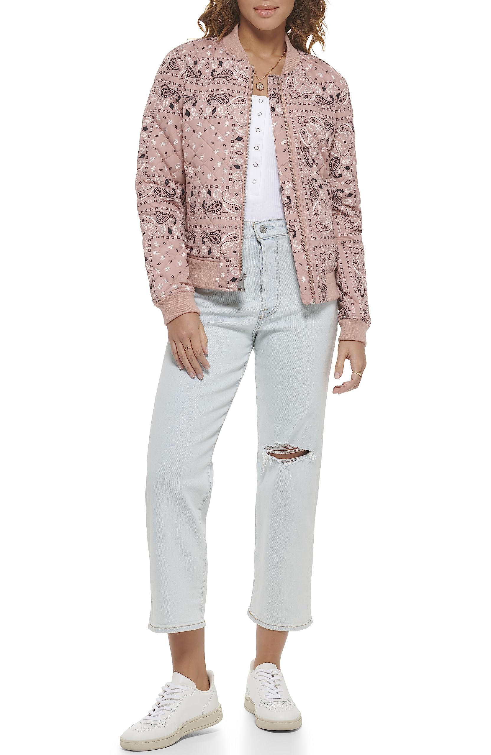 Levi's Women's Diamond Quilted Bomber Jacket with Front Pockets-Regular & Plus Sizes, Mahogany Bandana Print, S