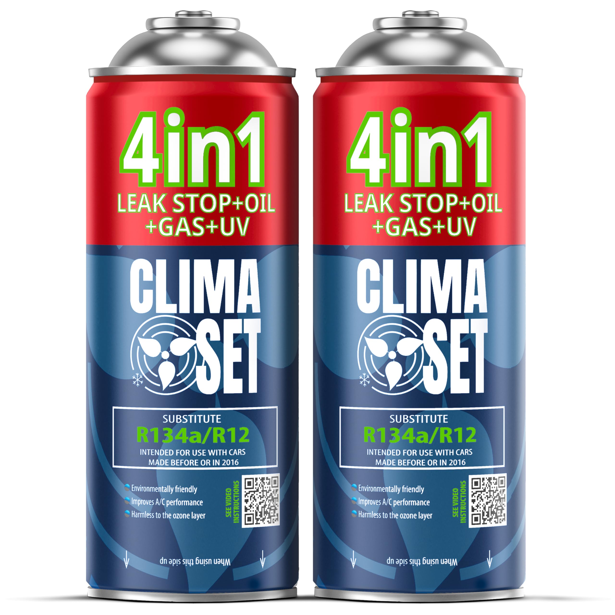 CLIMASET - 2 x 4in1 R134a Kältemittel, Öl, Dichtmittel mit UV Farbstoff - Auto Klima Selbst Befüllen Set und Leckortung - Nachfüllset, Autoklima Nachfüllen