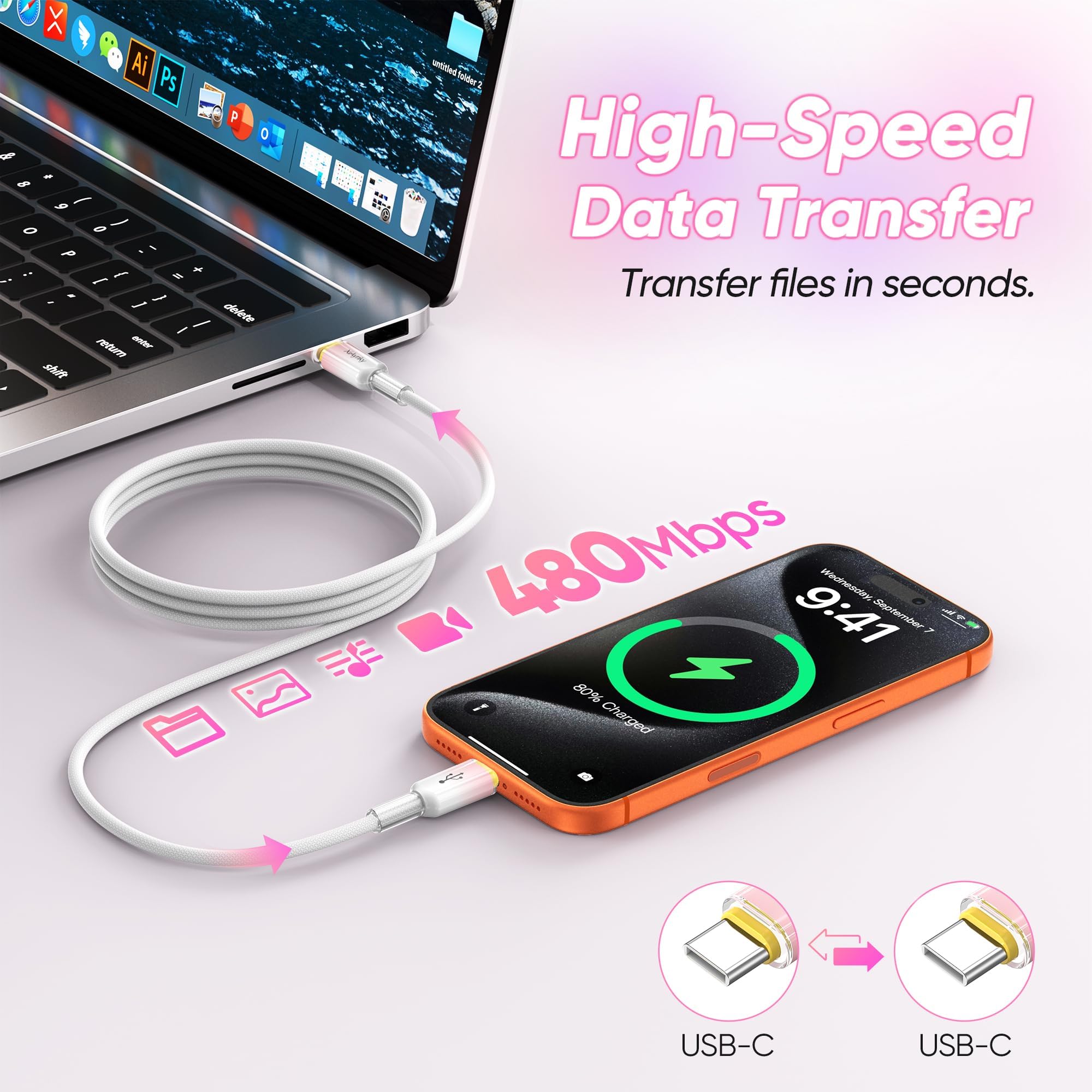 Confezione da 5 cavi USB C da 4,6 m, ricarica rapida da 60 W e trasferimento dati USB 2.0 da 480 Mbps, cavo USB C intrecciato bianco rosa sfumato, cavo di tipo C per iPhone 17/16/15, Samsung Galaxy