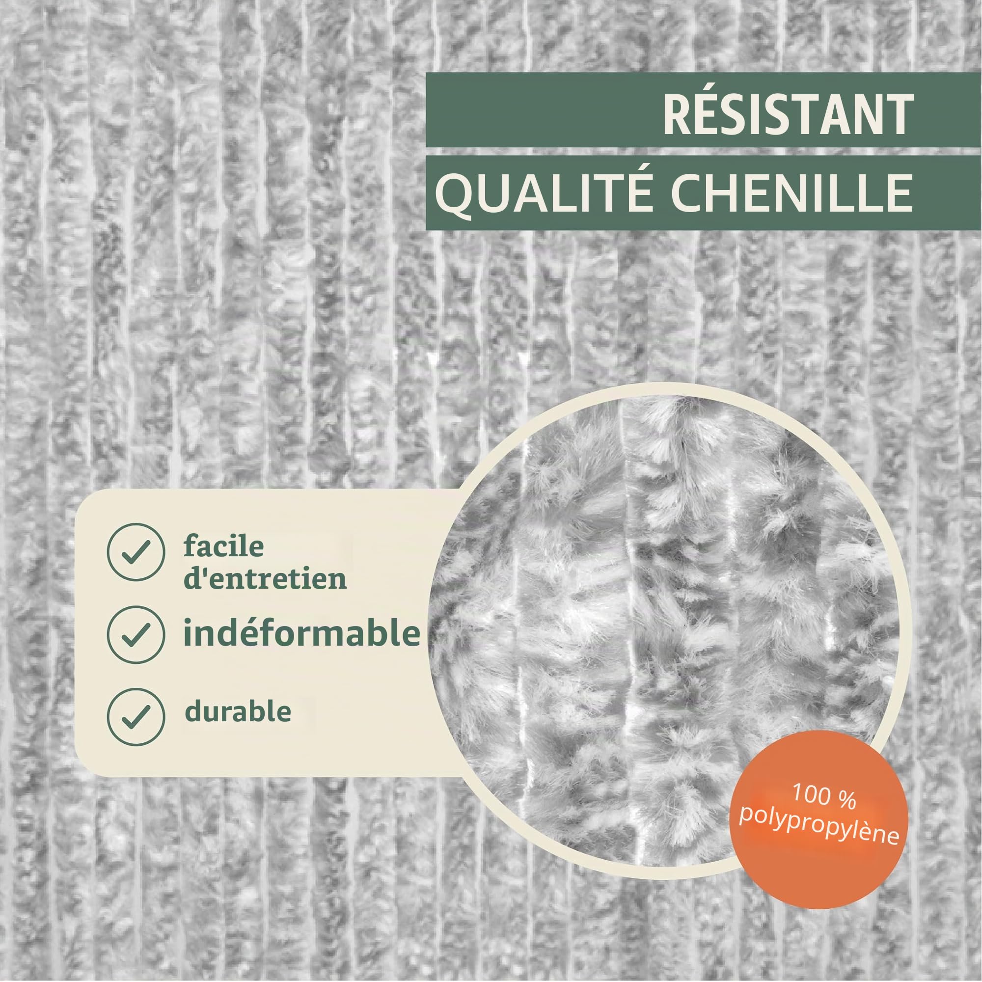 Moritz Rideau en chenille - 100 x 230 cm - Gris et blanc - Rideau de porte - Moustiquaire pour camping et caravane