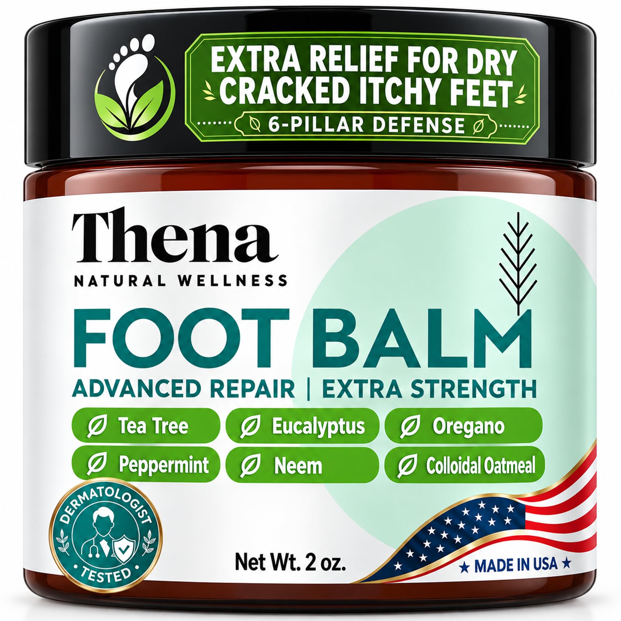 Thena Athletes Foot Cream Extra Strength Herbal Relief with Tea Tree Neem & Menthol, Athletes Foot Treatment Balm for Itchy Dry Cracked Feet, Heels and Toes, Advanced Plant-Based Foot Care Power6 Blend 2 Ounce (Pack of 1)