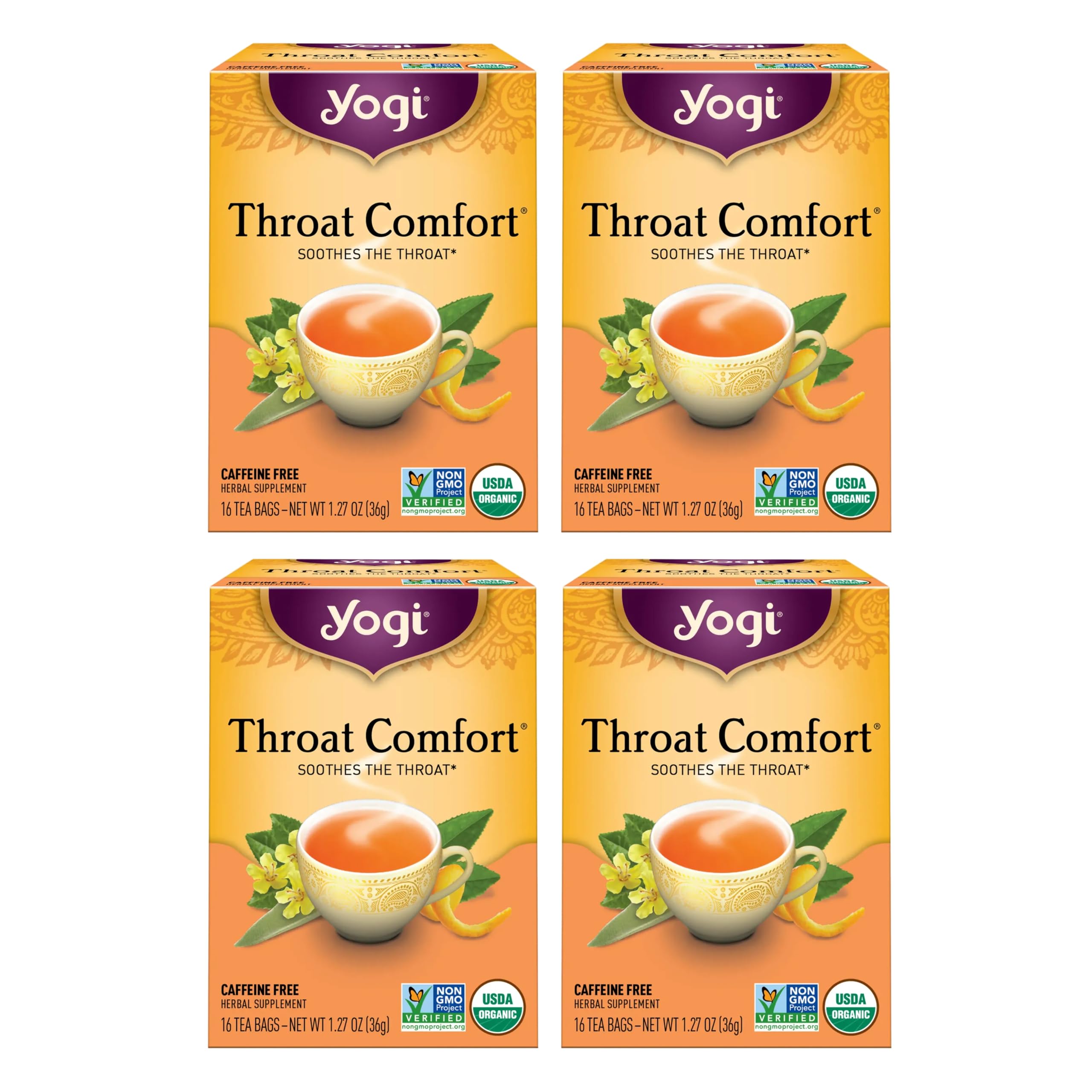 Yogi Tea Throat Comfort - 16 Bags per Pack (4 Packs) - Herbal Tea for Throats - Organic Throat Soothing - Includes Licorice Root, Wild Cherry Bark, Slippery Elm Bark & More