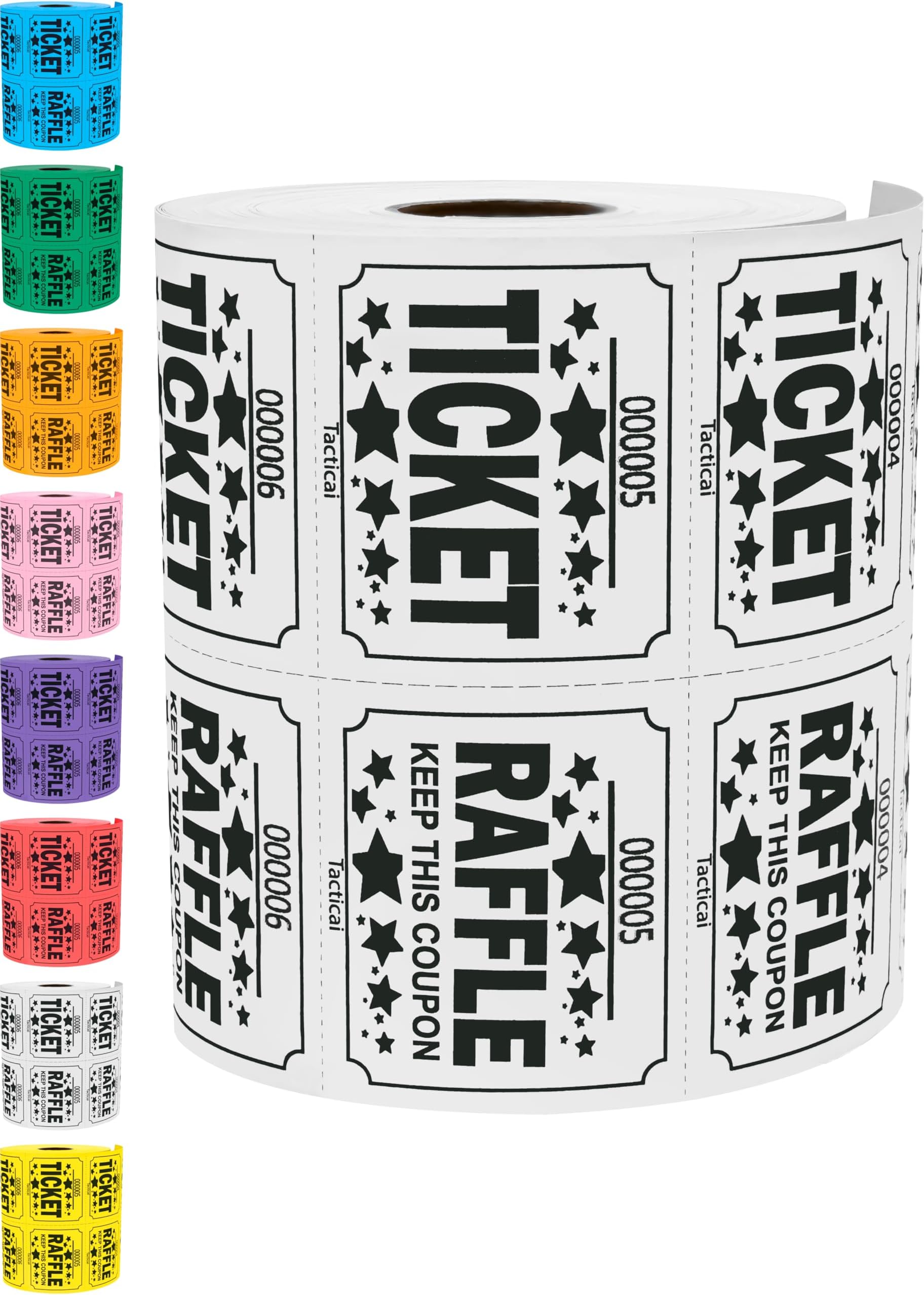 Tacticai 500 Raffle Tickets, White, Large Double Roll | 8 Color Options, Premium Cardstock, Easy-Tear Perforations, Ideal for Events, Fundraisers & Prizes — Proudly Made in USA