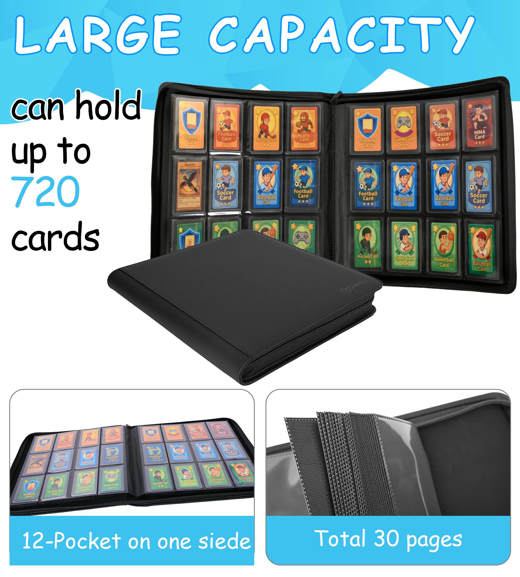 DEQADIC Kartenbinder 12 Taschen, 720 Sammelkarten Album Ordner, Seitliche Ladung, Ringlose Kartensammlung Binder für Sportspielkarten, Schwarz