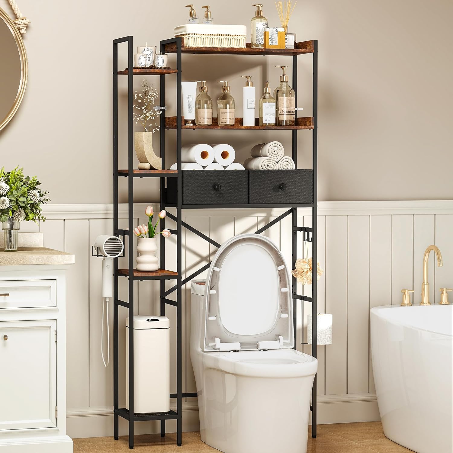 Quikraen Over The Toilet Storage Shelf with Drawer, 7-Tier Above Toilet Bathroom Organizer with Adjustable Side Shelves, Space Saver Freestanding Rack with Holder & Hook for Laundry Kitchen (Brown)