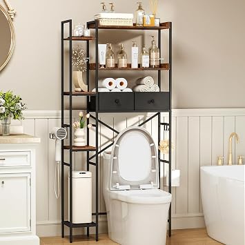 Quikraen 7-Tier Over the Toilet Storage Shelf, Large Bathroom Organizer with 2 Fabric Drawers, 4+3 Adjustable Side Shelves, Sturdy Freestanding Space Saver Rack with Hooks for Bedroom, Laundry, Brown