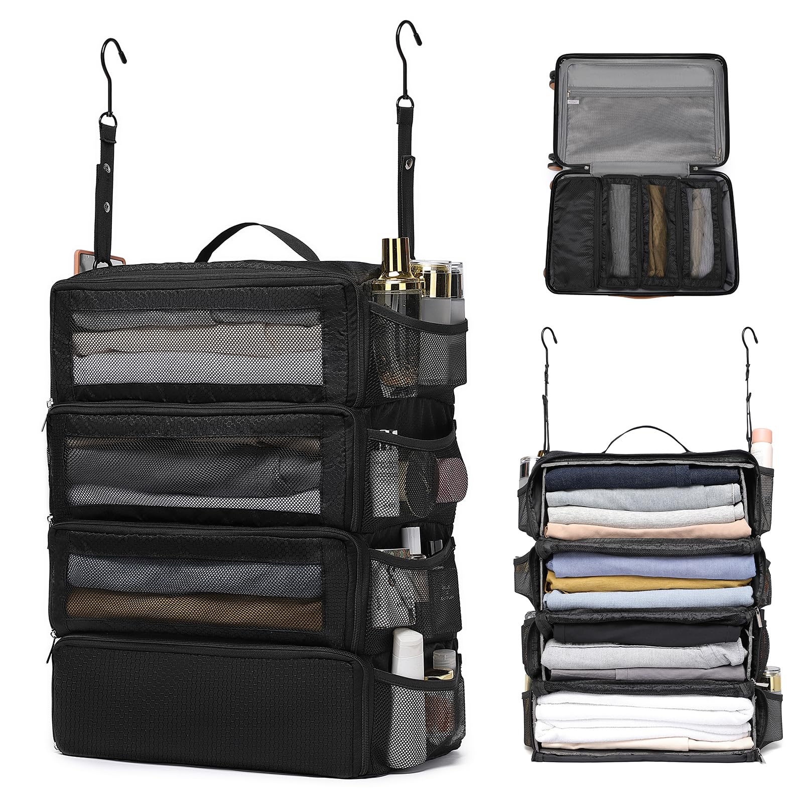 Tomiss Black Hanging Suitcase Organizer, Travel Essentials Carry-On Collapsible Packing Cubes For Travel, Stow-N-Go Portable Hanging Closet Organizer Shelves Luggage Bag, Medium,