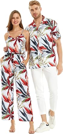 Matchable Couple Hawaiian Shirt or V-Neck Jumpsuit in Digital Prints | Sold Individually; Soft Stretch Spandex; Signature Digital Prints; Lightweight Comfort; Vacation Ready