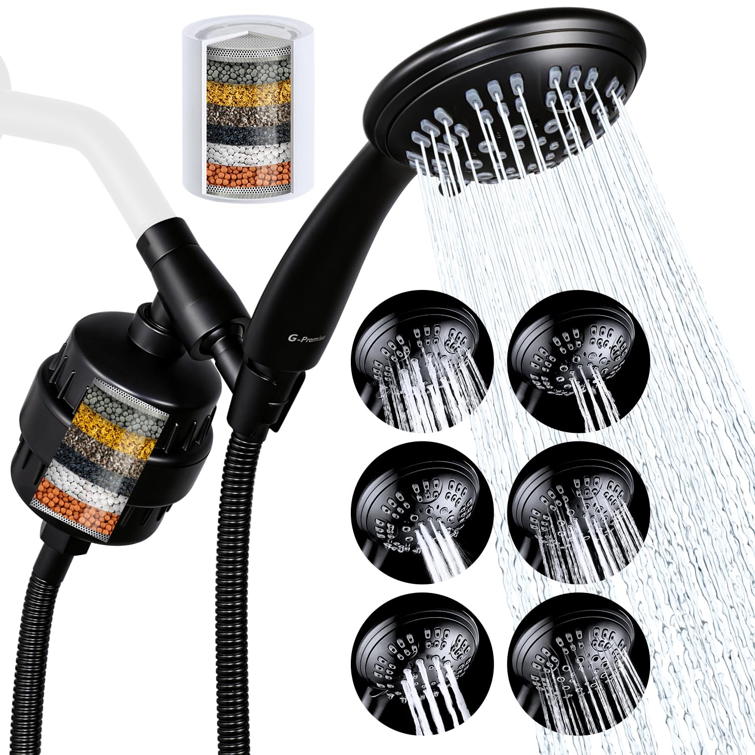 G-Promise Luxury Filtered Handheld Shower Head, 6 setting with Effective Filter of 2 Cartridges, Adjustable Metal Bracket, Extra Long Hose (Matte