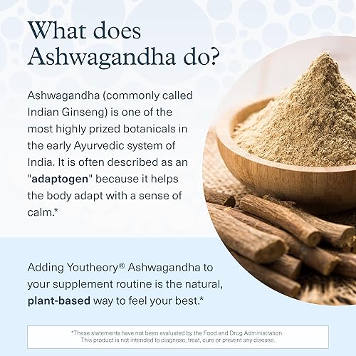 Miniatura 4 de Youtheory Ashwagandha - 1,000 mg - Suplemento de apoyo para el estrés y el cortisol - Mezcla de hierbas adaptogénicas con Ashwagandha KSM-66 y
