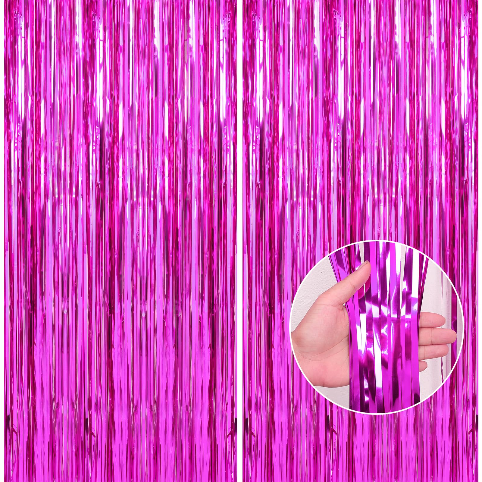 Crosize 2 Pack 3.3 x 9.9 ft Hot Pink Foil Fringe Backdrop Curtain, Streamer Backdrop Curtains, Streamers Birthday Party Decorations, Tinsel Curtain