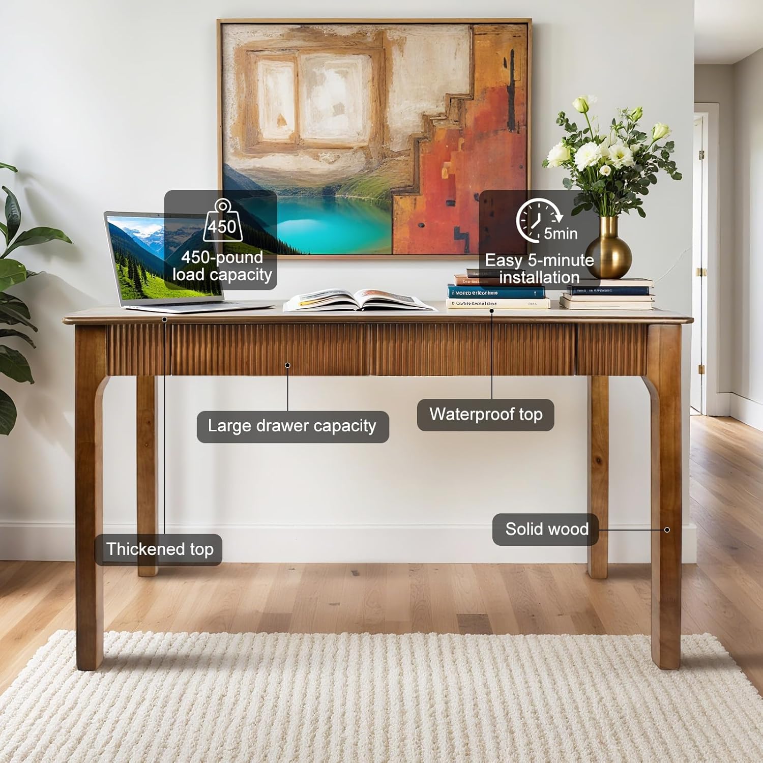 Solid Wood Desk with 2 Drawers,Mid Century Modern Fluted Writing Desk for Home Office,Bedroom,Living Room,450LBS Capacity,Computer Table for Study/Work,oak wood,Easy Assembly. (Walnut, 47.2 Inch)